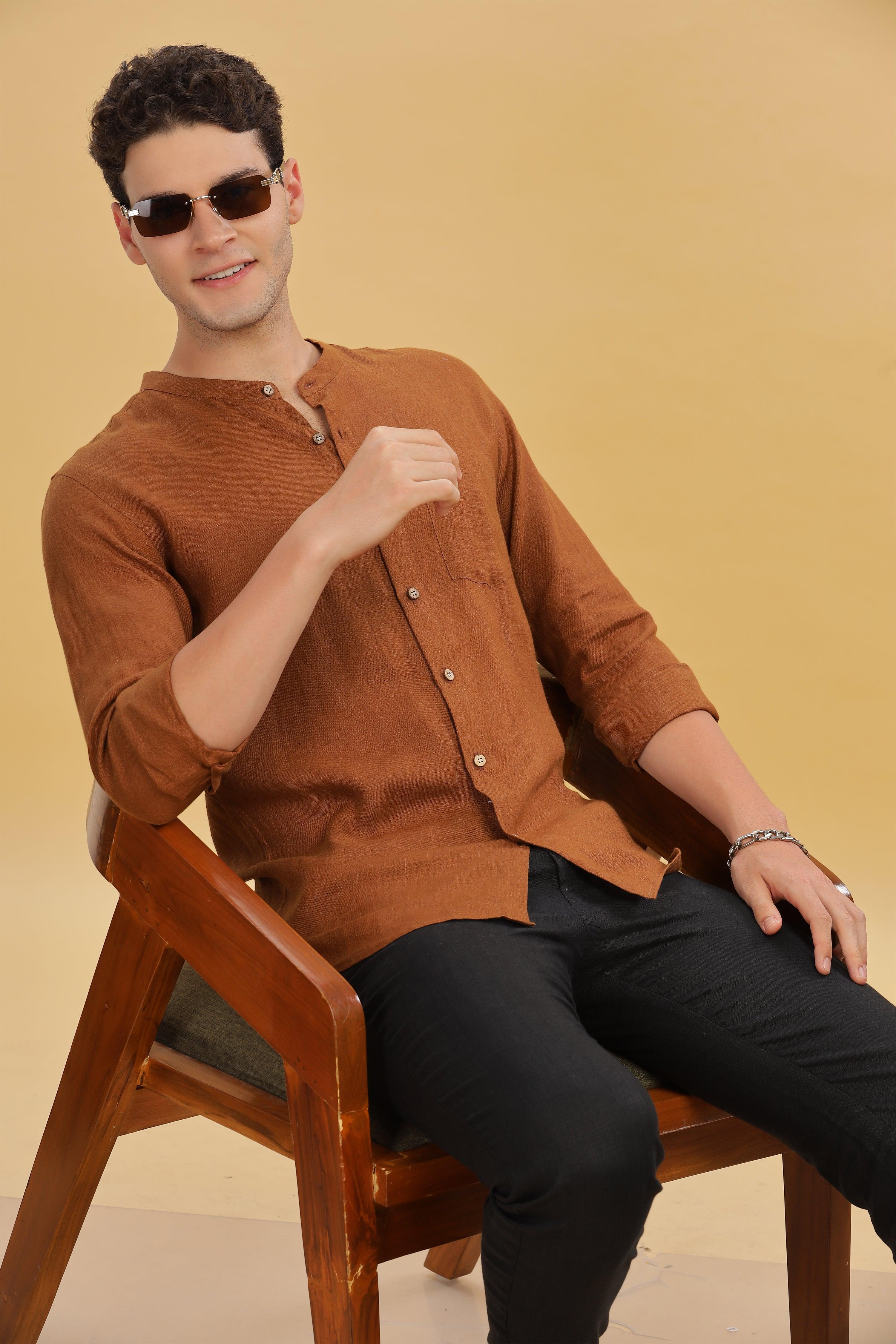 HAN - Pure Linen Mandarin Collar Coffee Brown Shirt