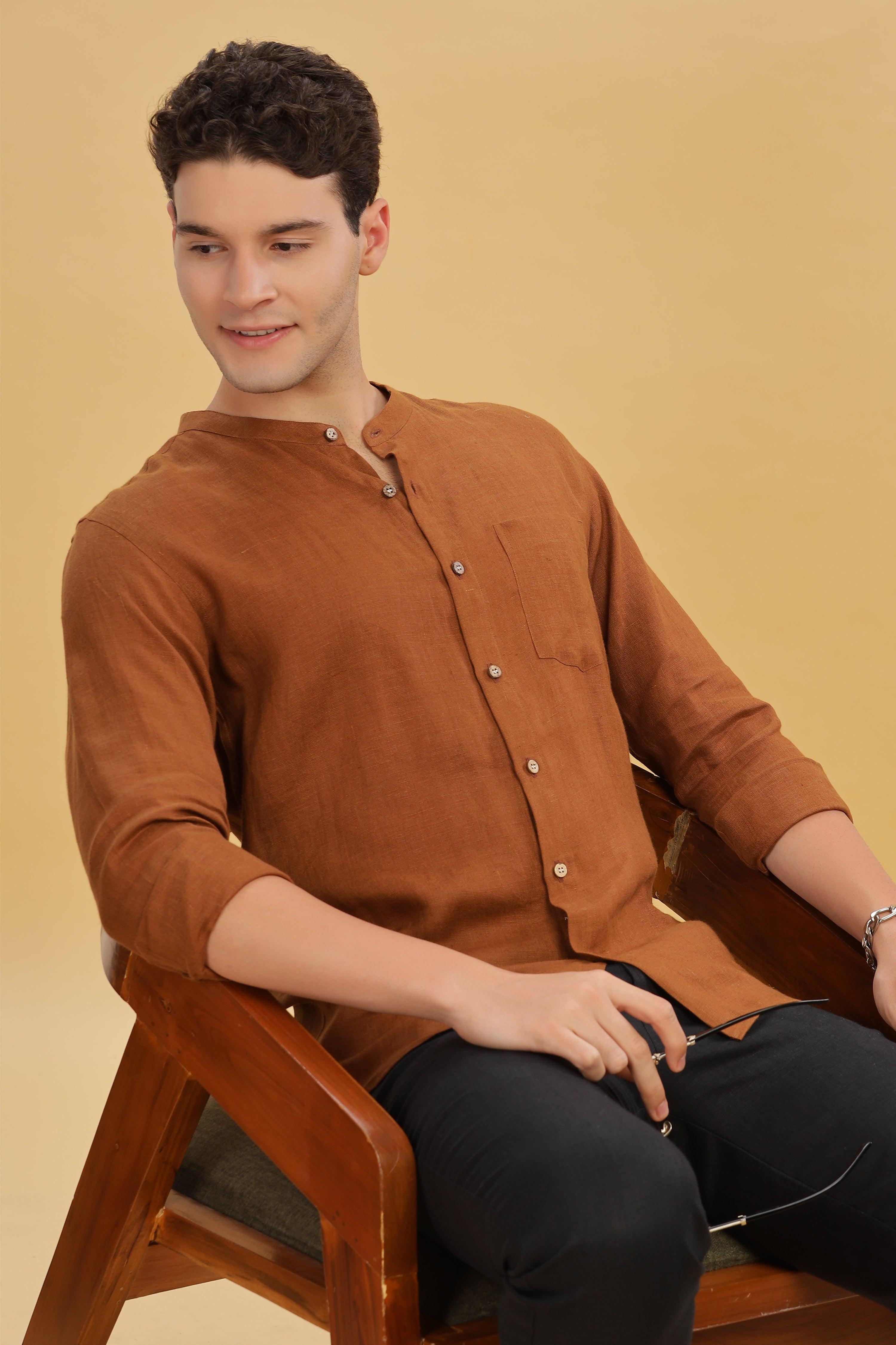 HAN - Pure Linen Mandarin Collar Coffee Brown Shirt