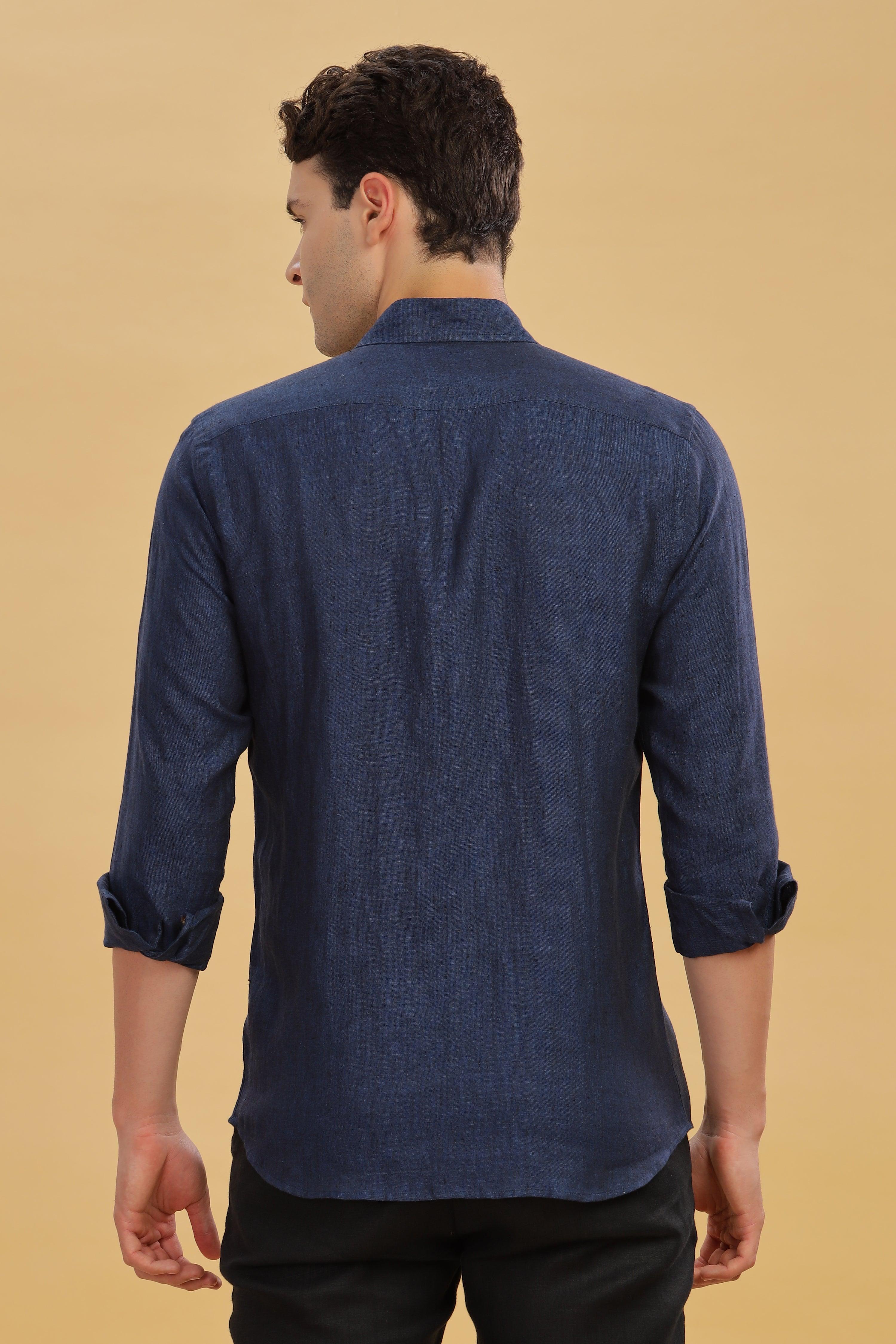 MARK Long Sleeves -100% Pure Linen Regular Collar Dark Blue Chambray Shirt