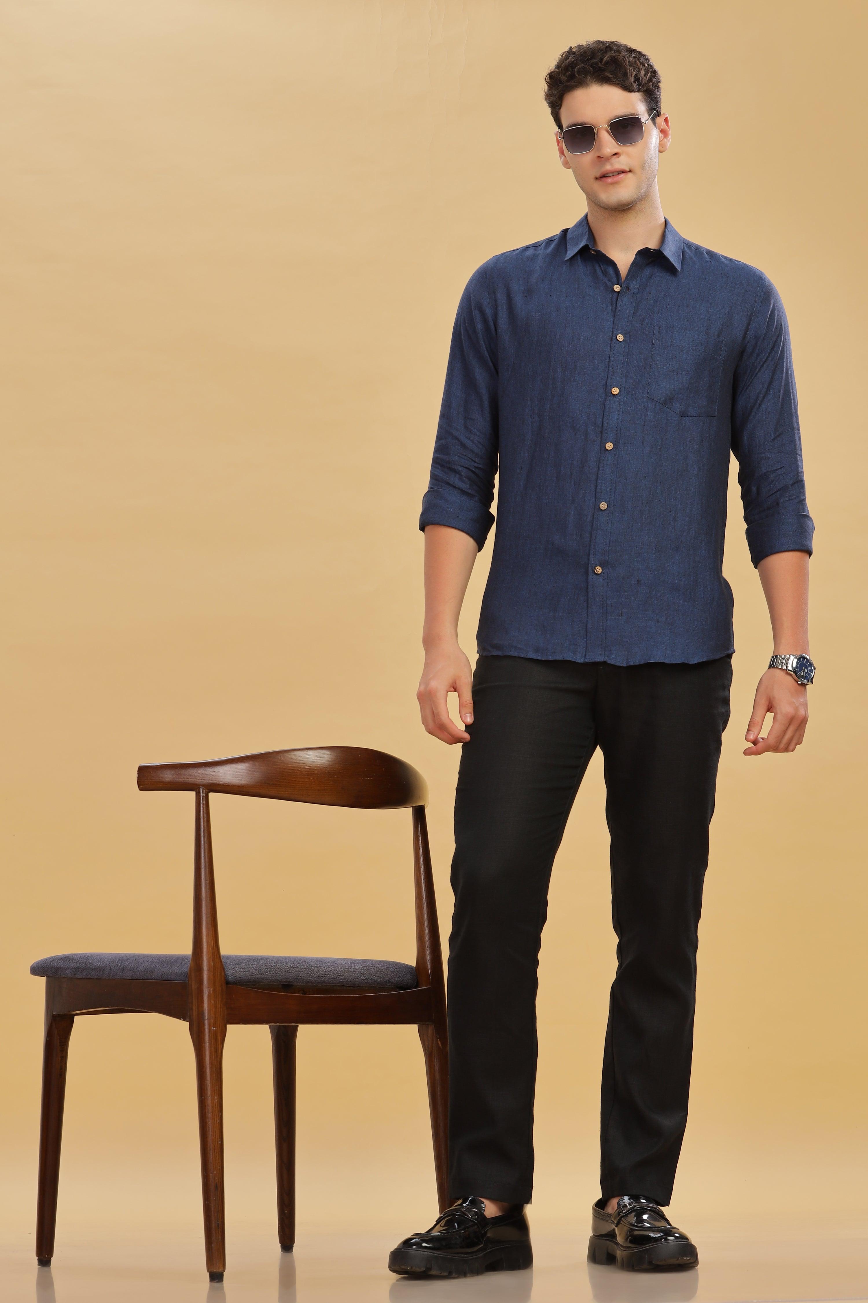 MARK Long Sleeves -100% Pure Linen Regular Collar Dark Blue Chambray Shirt