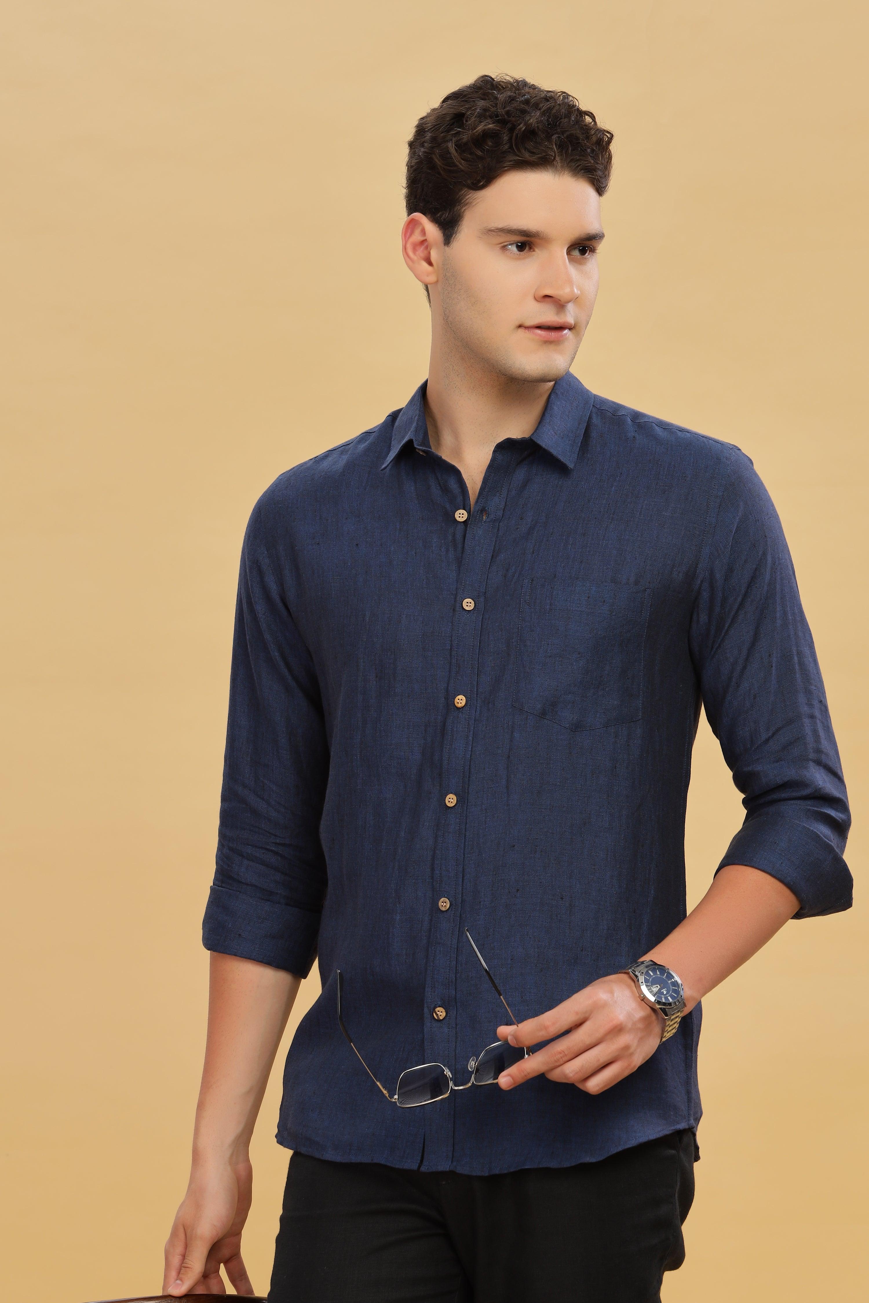 MARK Long Sleeves -100% Pure Linen Regular Collar Dark Blue Chambray Shirt