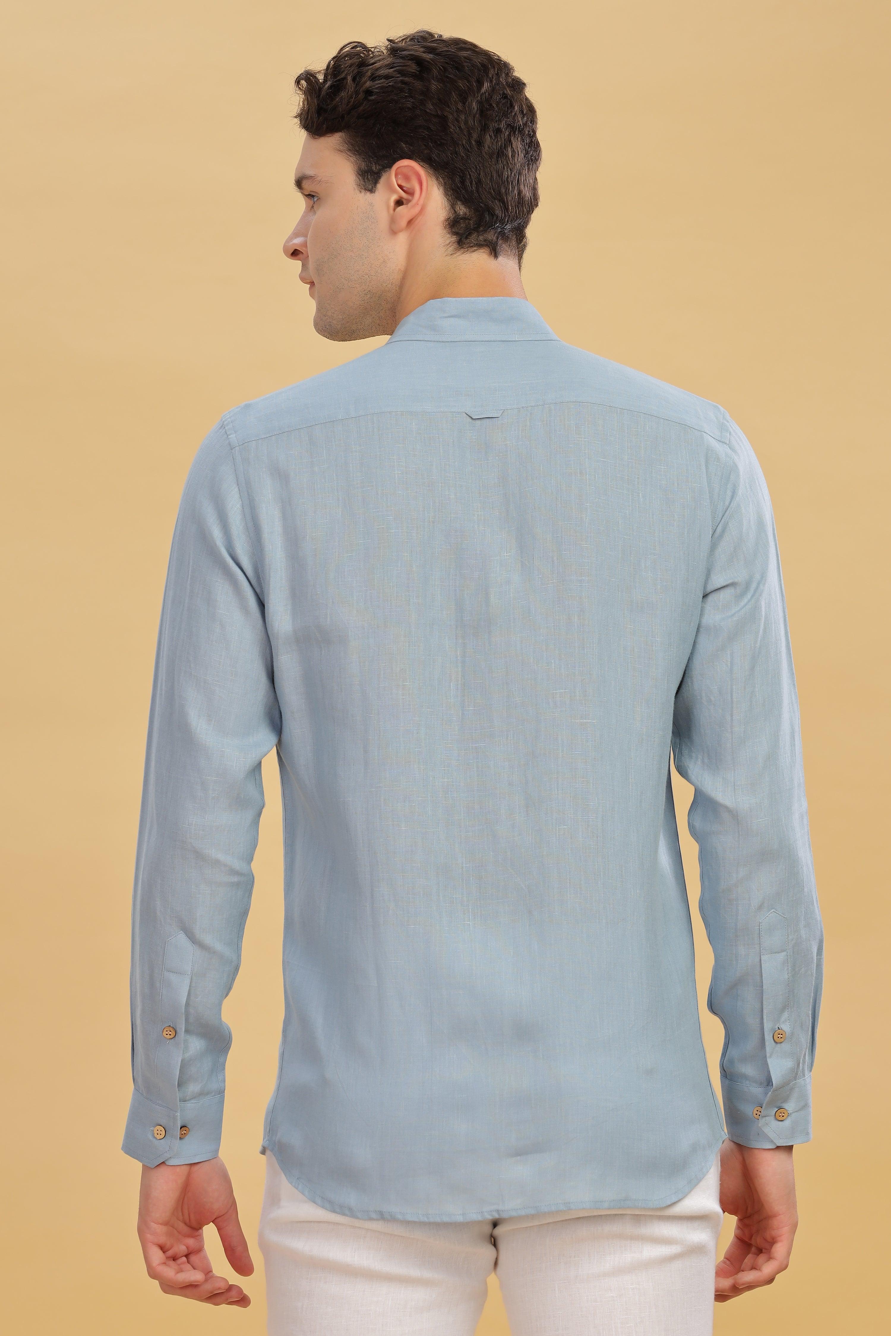 KARL - The Rugged Gentleman Pure Linen Double Pocket Light Blue Grey Shirt