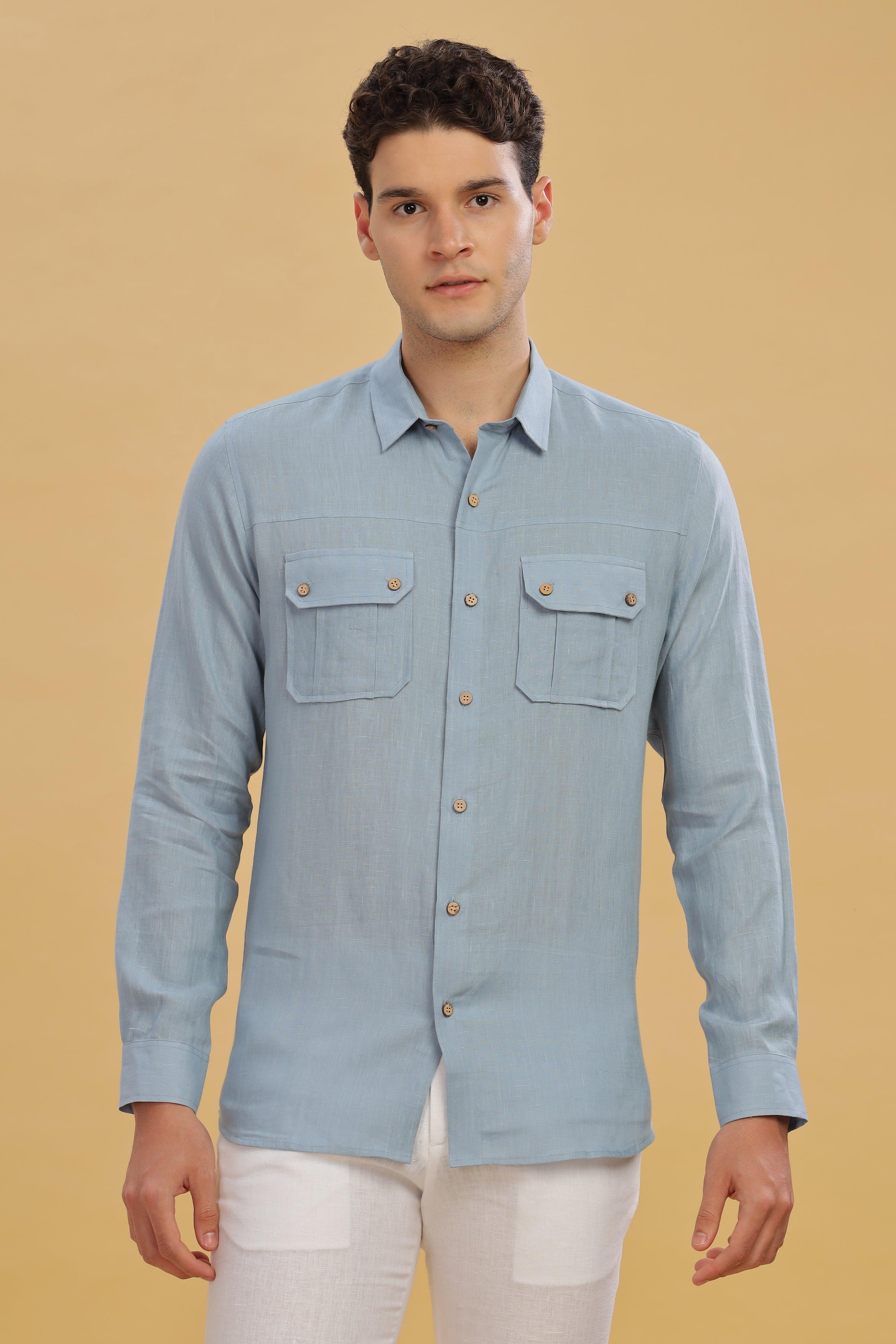 KARL - The Rugged Gentleman Pure Linen Double Pocket Light Blue Grey Shirt