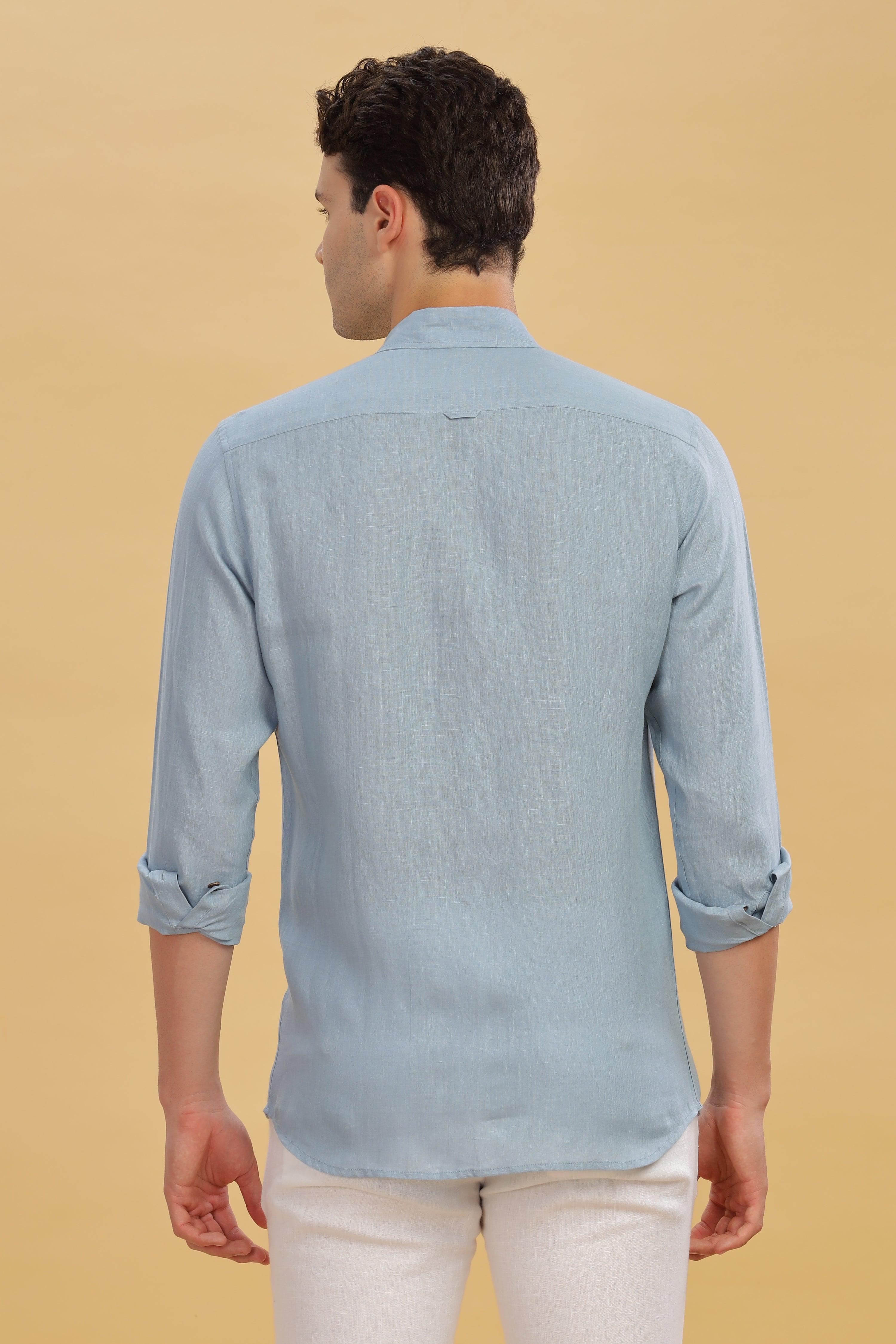 KARL - The Rugged Gentleman Pure Linen Double Pocket Light Blue Grey Shirt