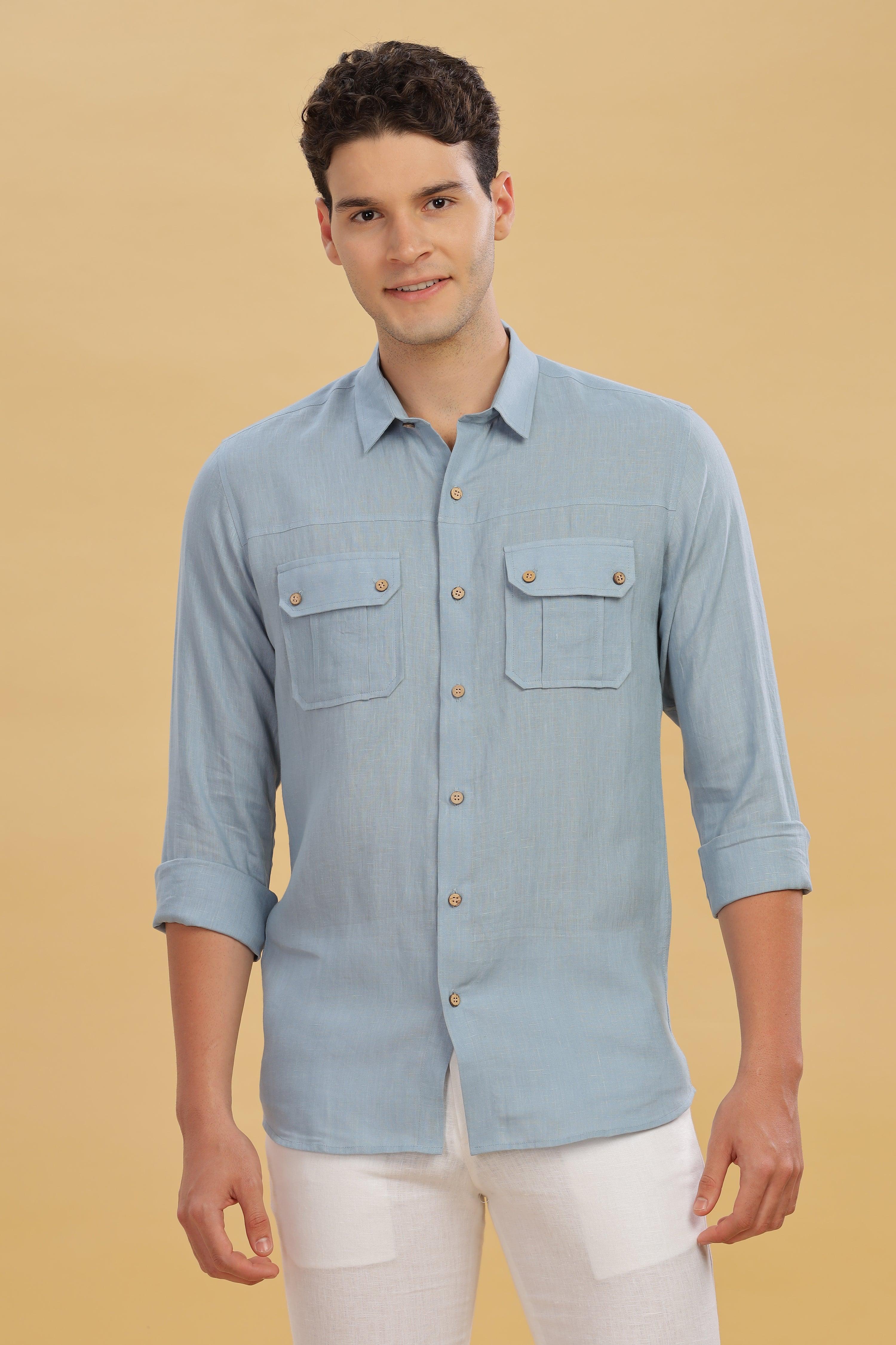 KARL - The Rugged Gentleman Pure Linen Double Pocket Light Blue Grey Shirt