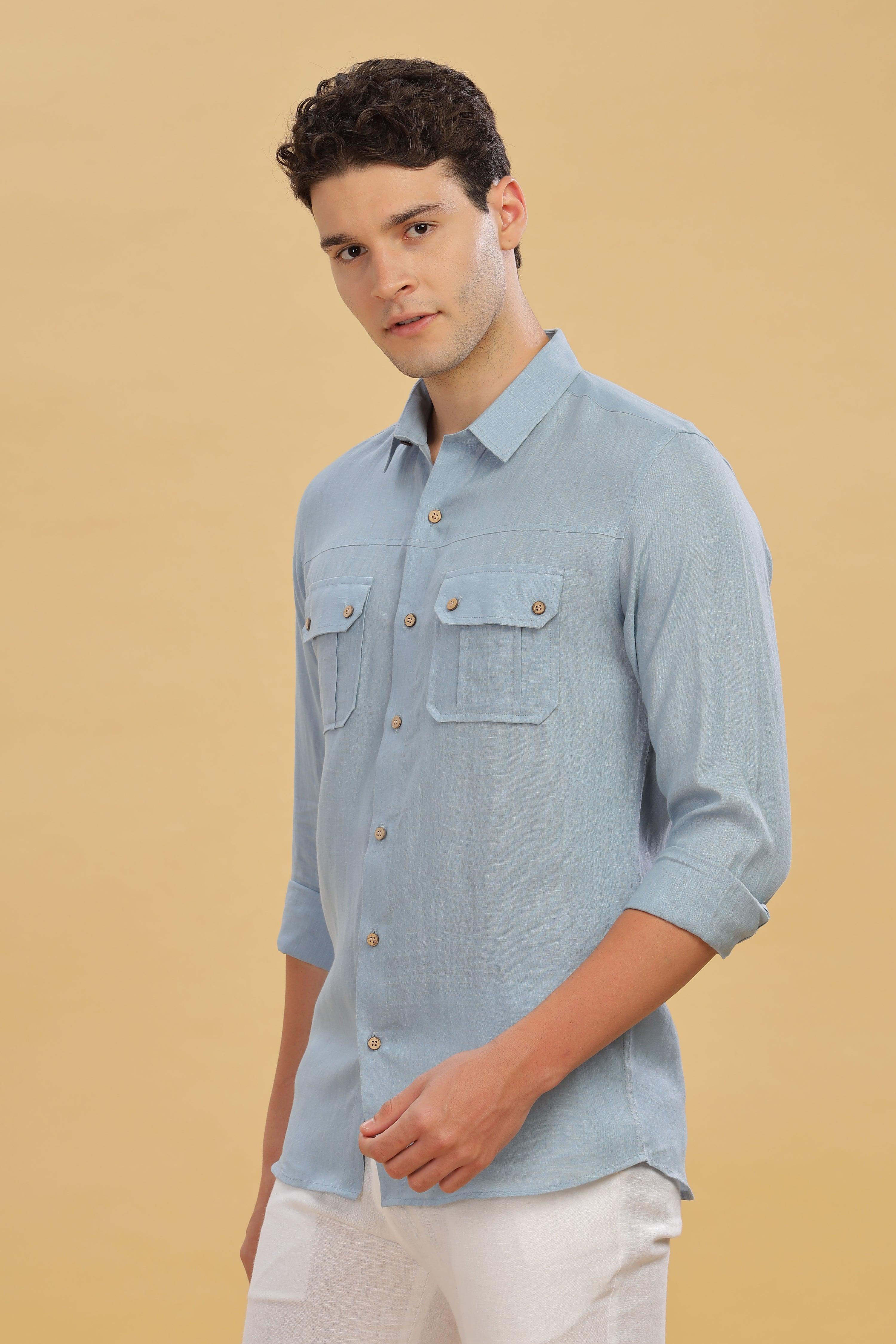 KARL - The Rugged Gentleman Pure Linen Double Pocket Light Blue Grey Shirt