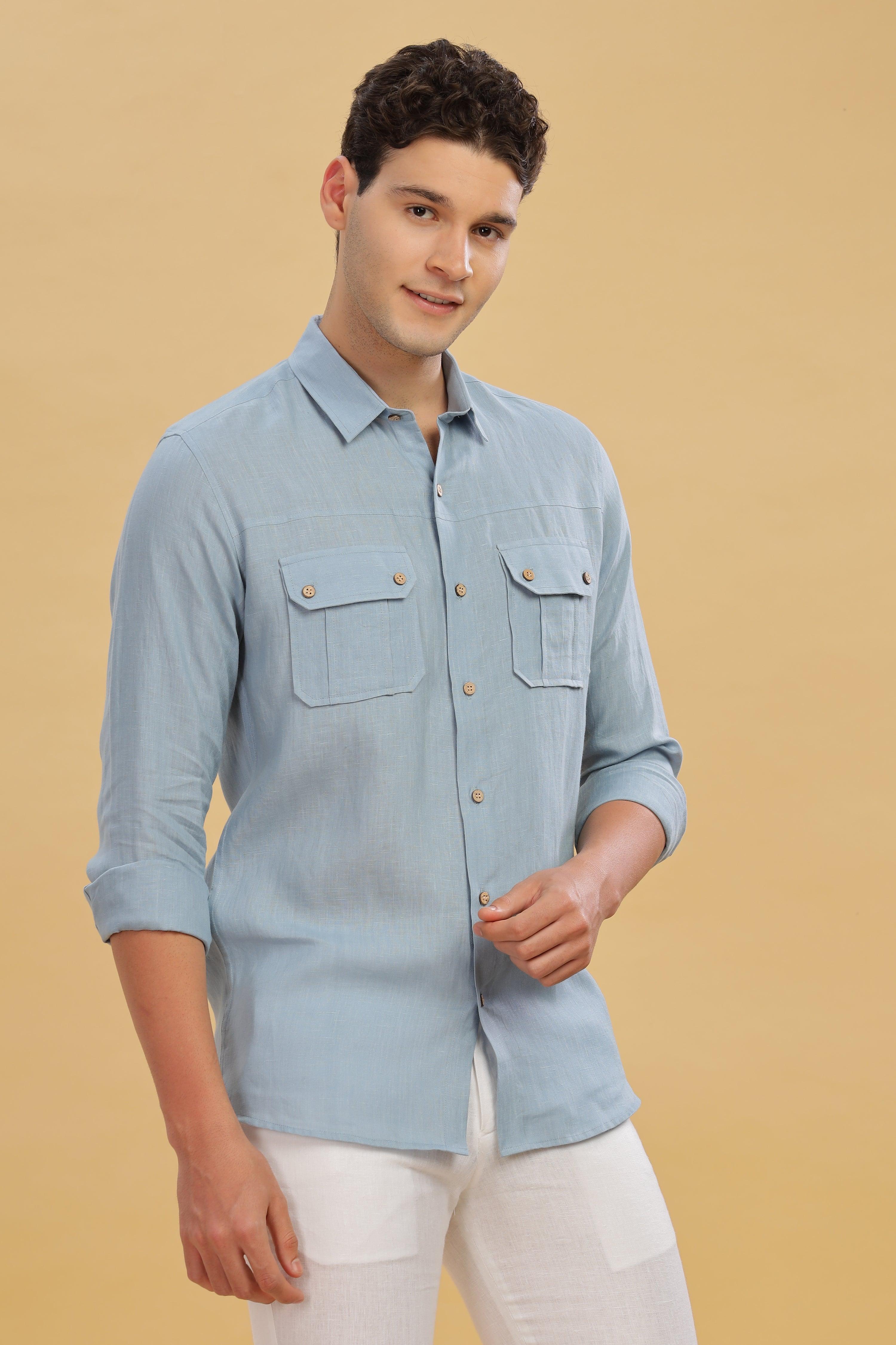 KARL - The Rugged Gentleman Pure Linen Double Pocket Light Blue Grey Shirt