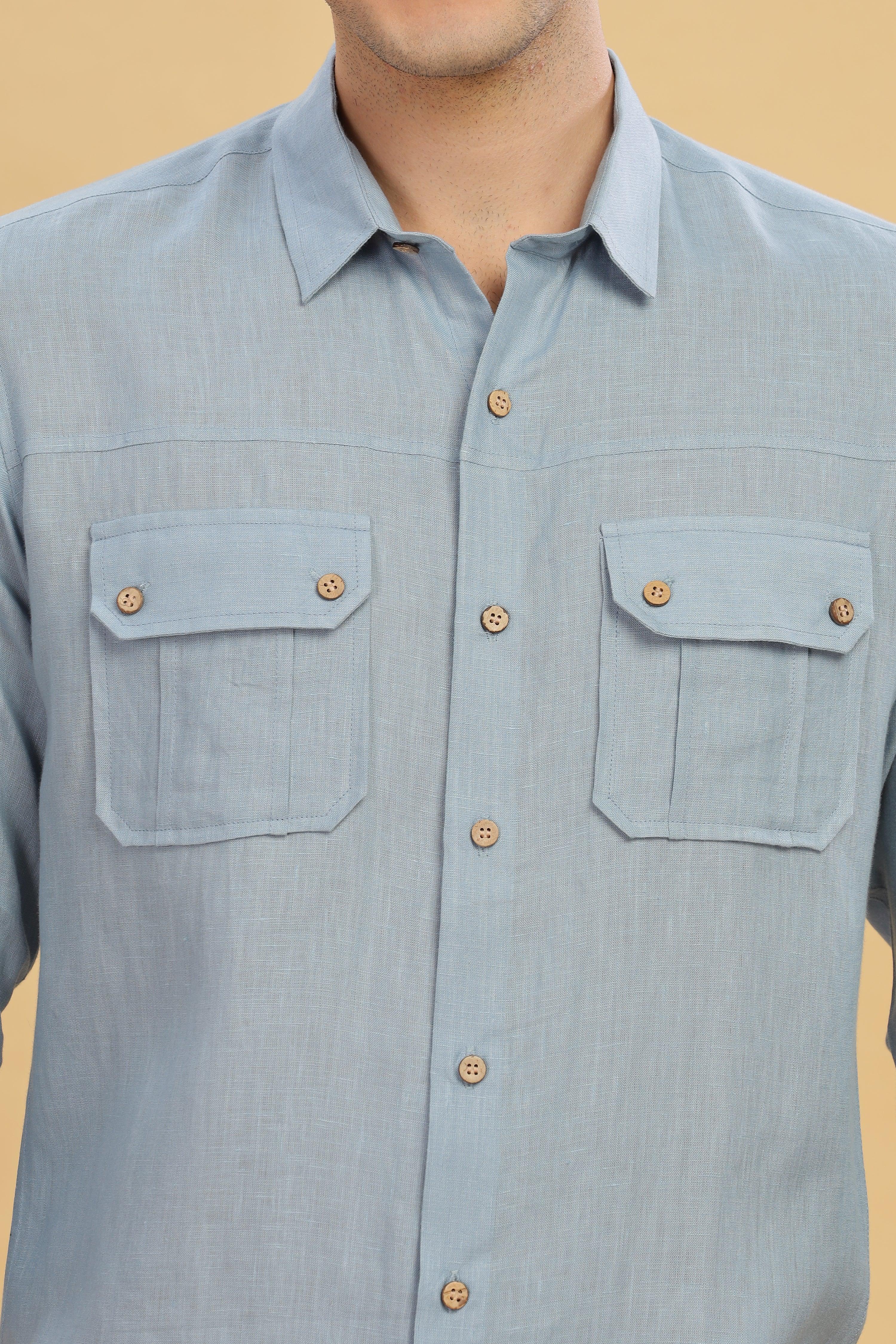KARL - The Rugged Gentleman Pure Linen Double Pocket Light Blue Grey Shirt