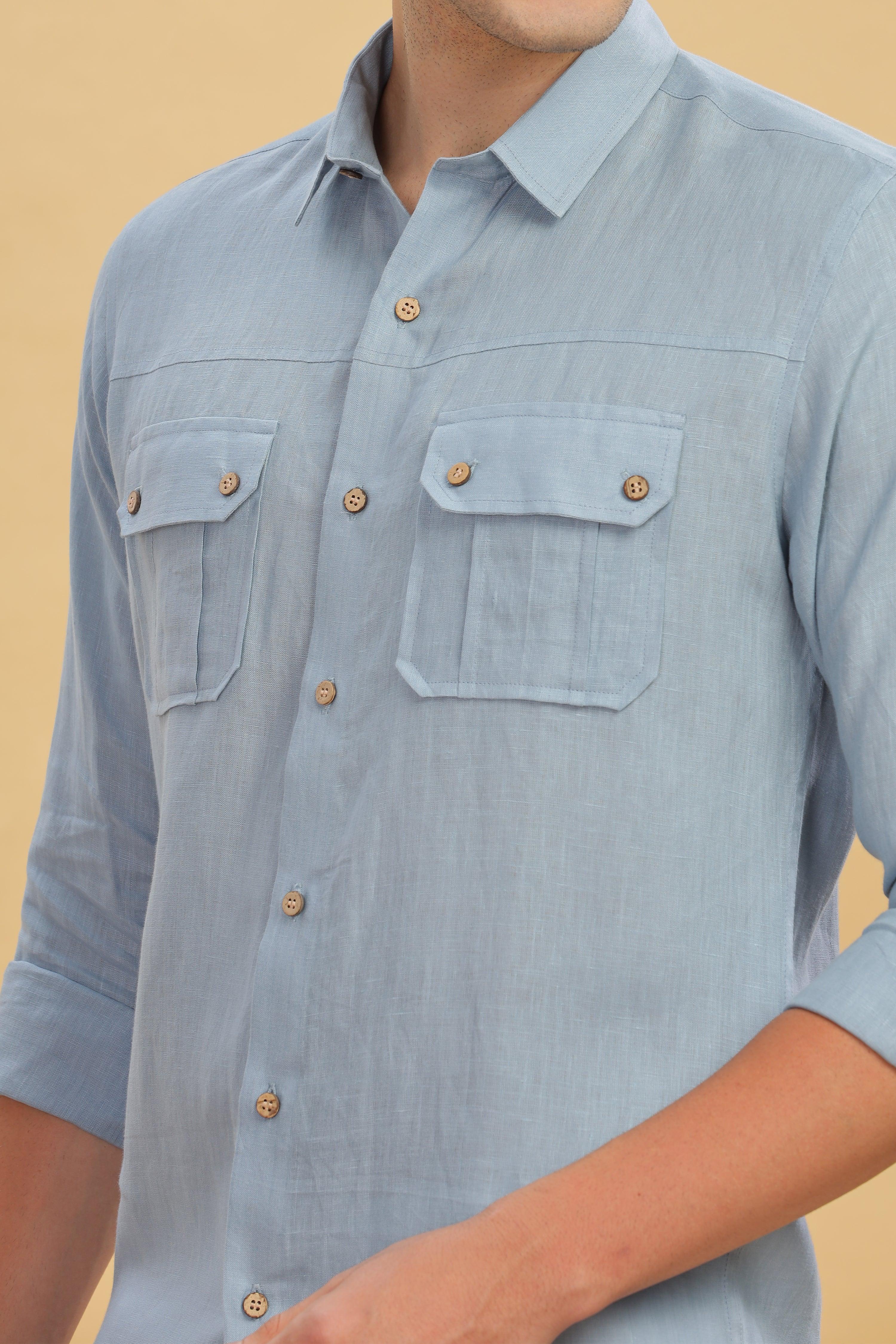 KARL - The Rugged Gentleman Pure Linen Double Pocket Light Blue Grey Shirt
