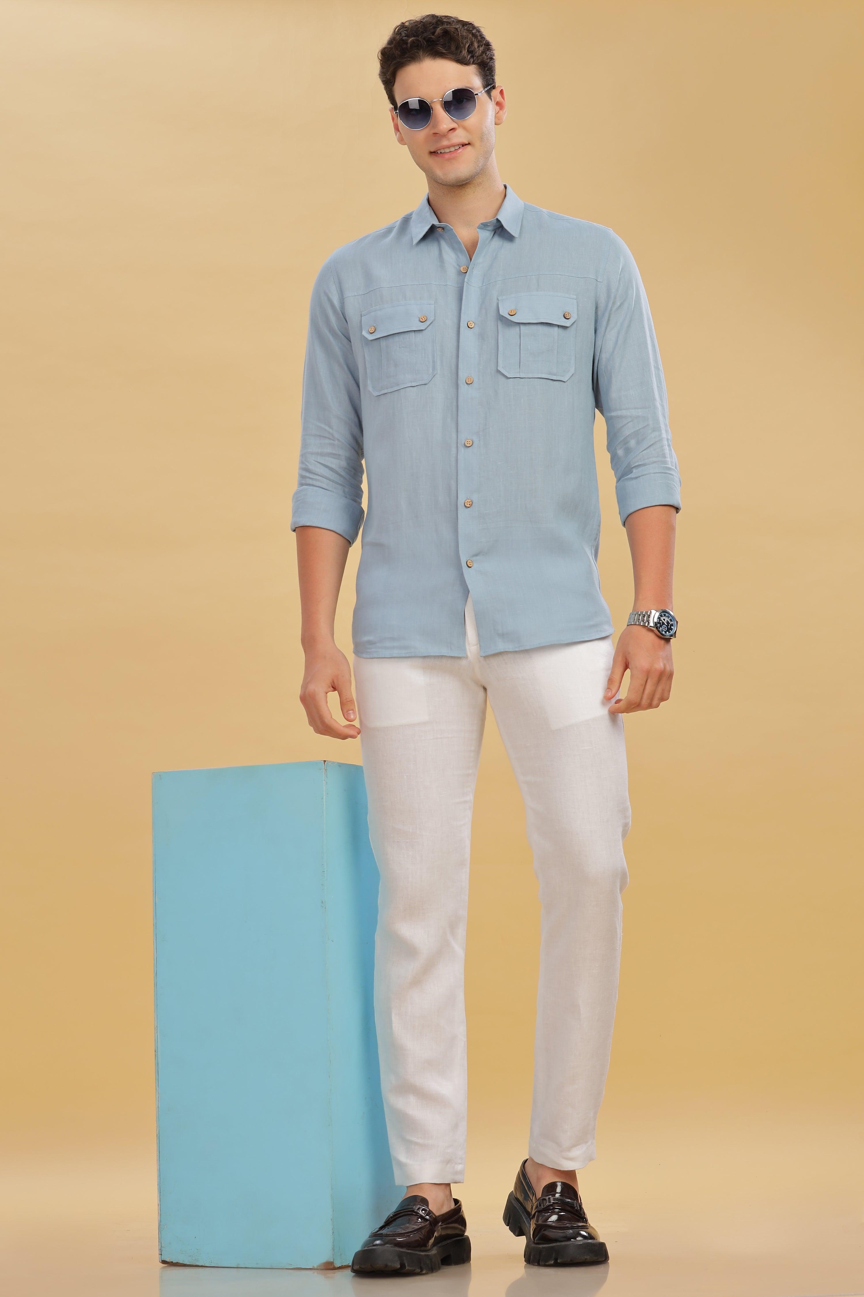 KARL - The Rugged Gentleman Pure Linen Double Pocket Light Blue Grey Shirt