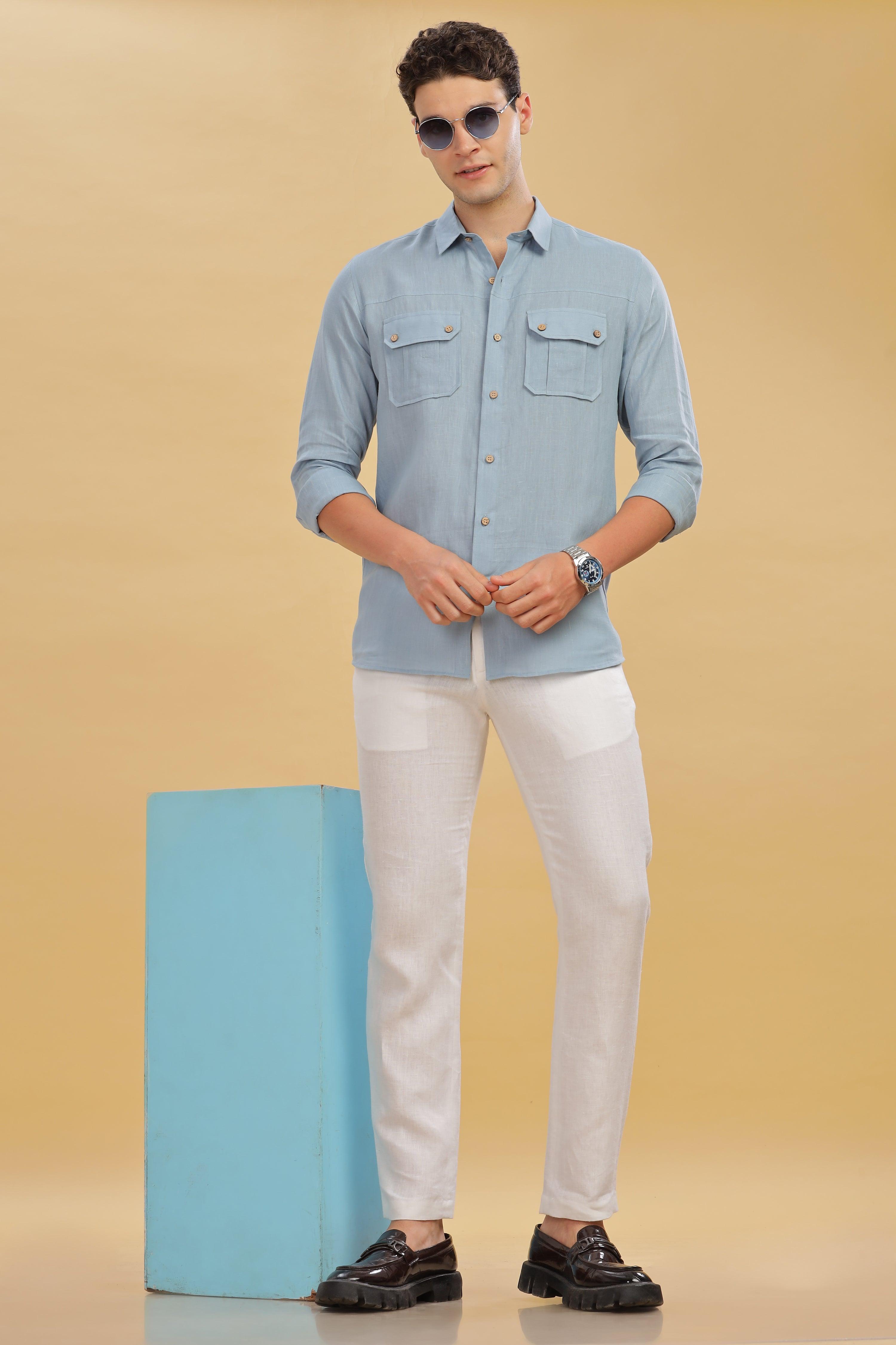 KARL - The Rugged Gentleman Pure Linen Double Pocket Light Blue Grey Shirt