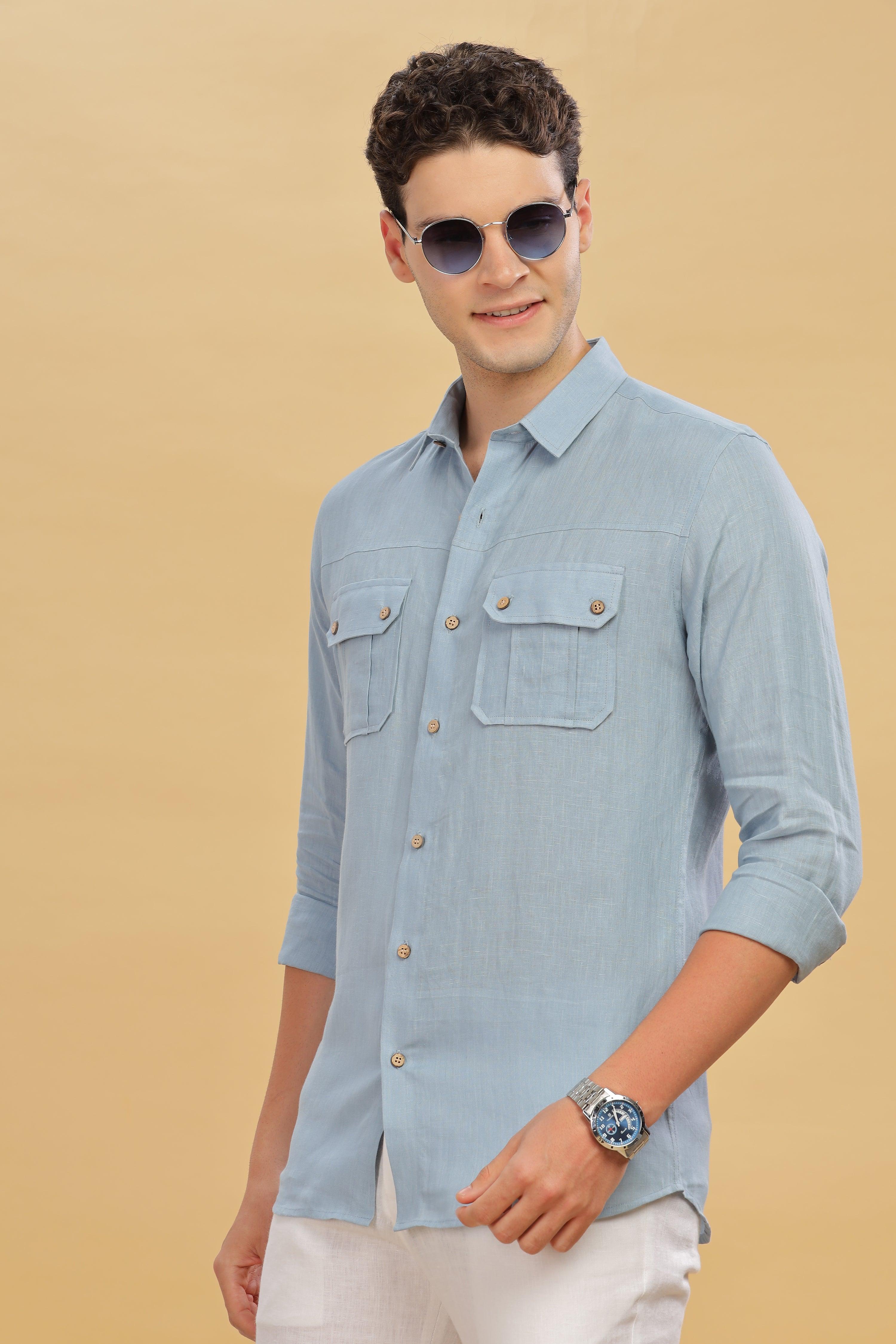 KARL - The Rugged Gentleman Pure Linen Double Pocket Light Blue Grey Shirt
