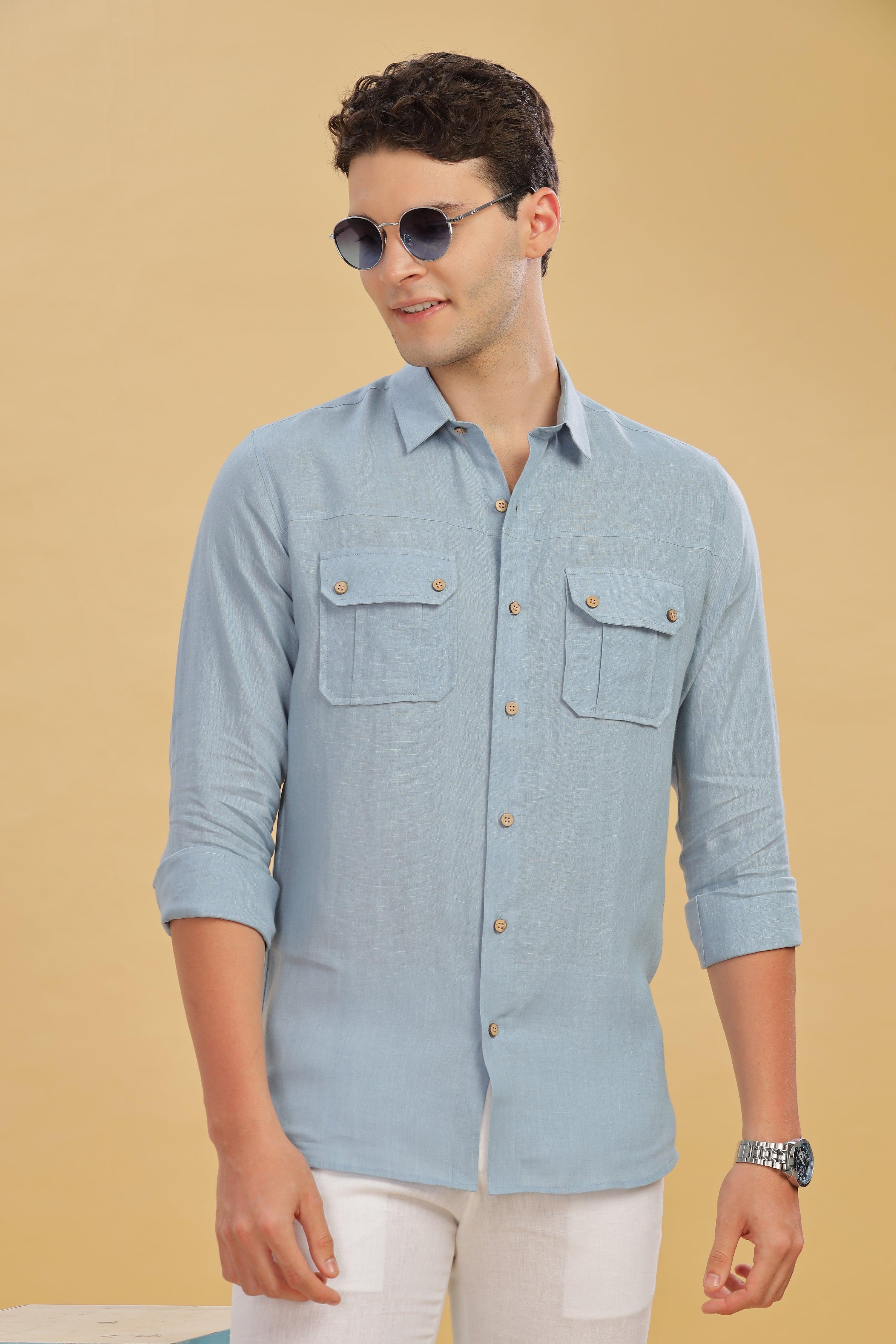 KARL - The Rugged Gentleman Pure Linen Double Pocket Light Blue Grey Shirt