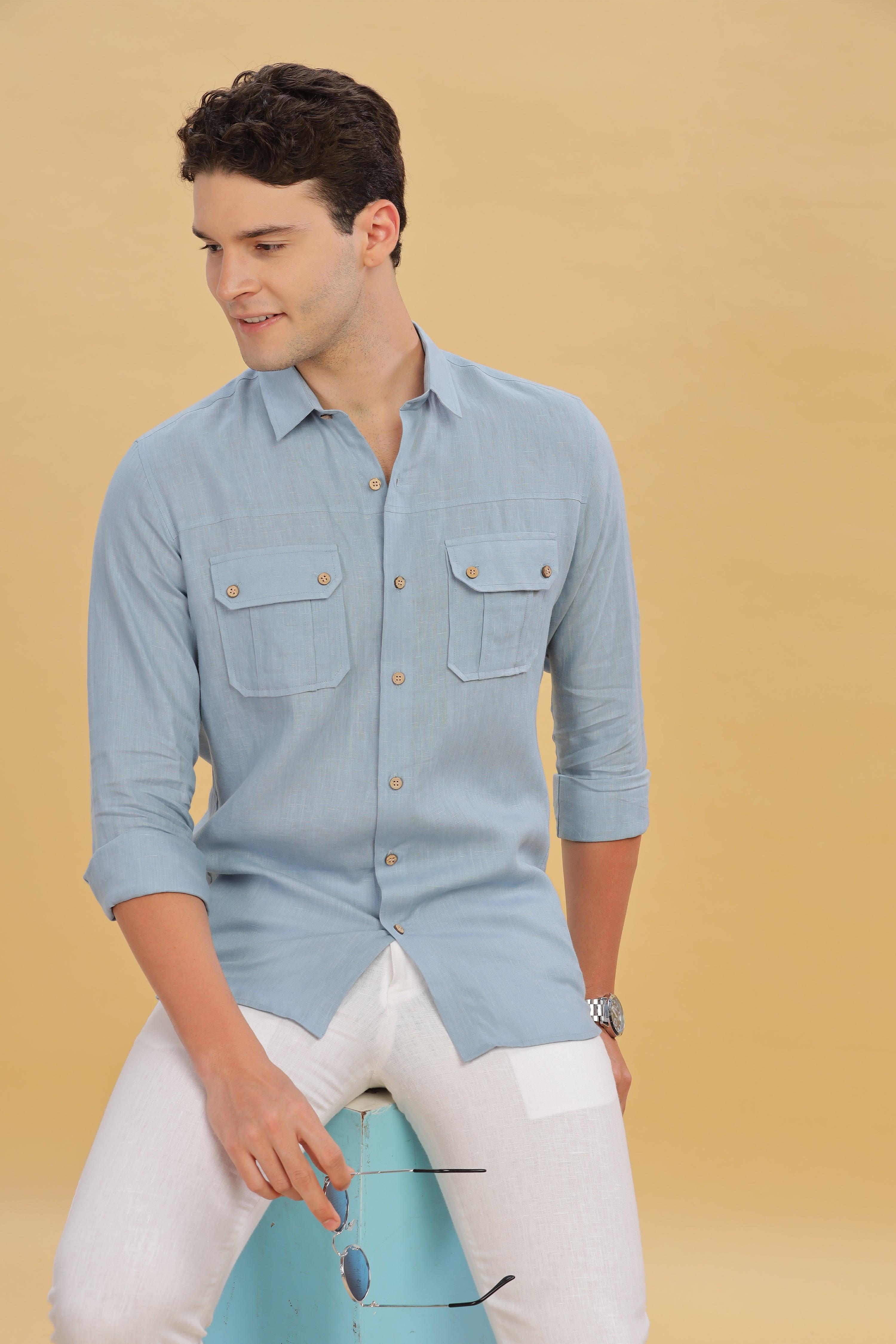 KARL - The Rugged Gentleman Pure Linen Double Pocket Light Blue Grey Shirt