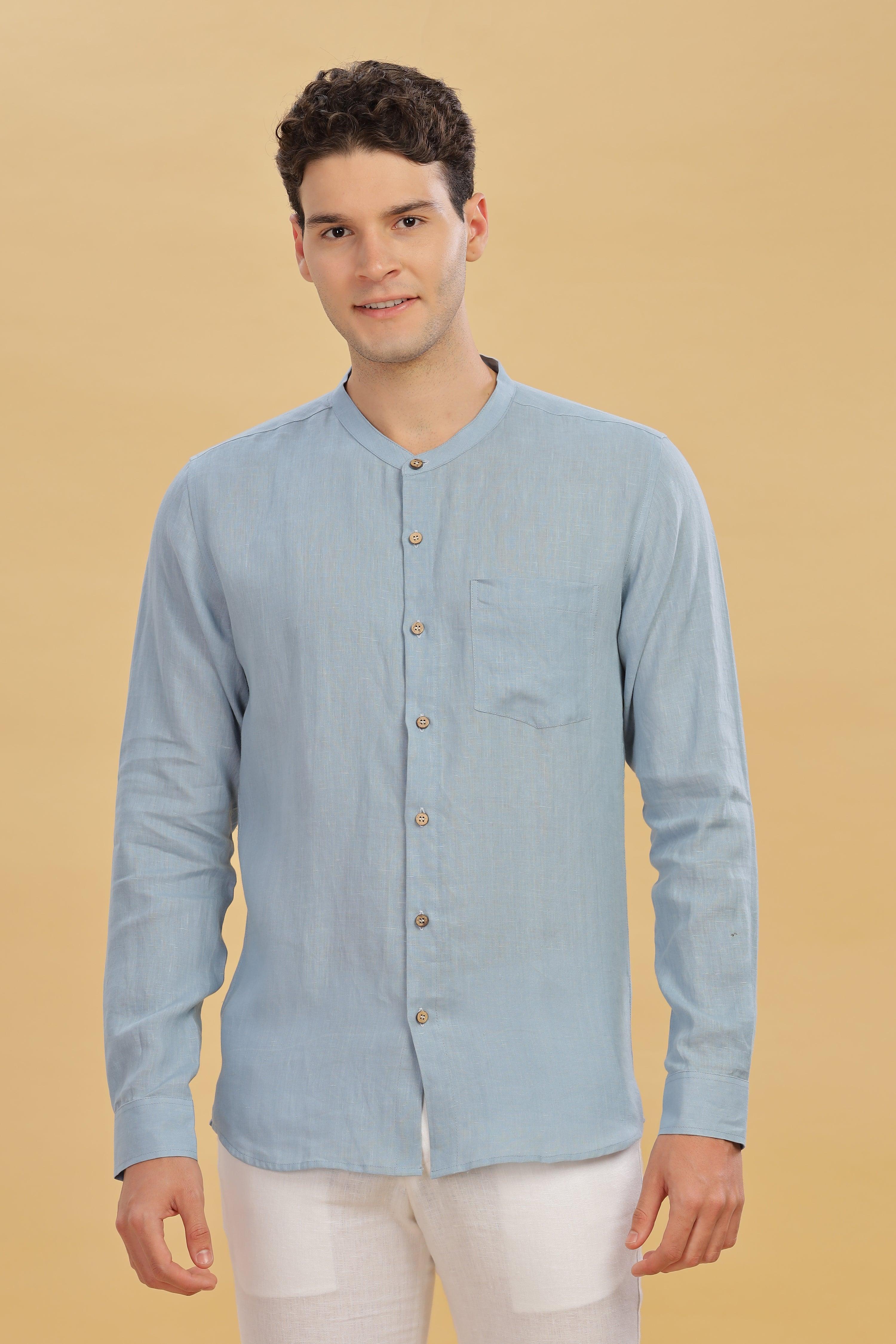 HAN - Pure Linen Mandarin Collar Light Blue Grey Shirt