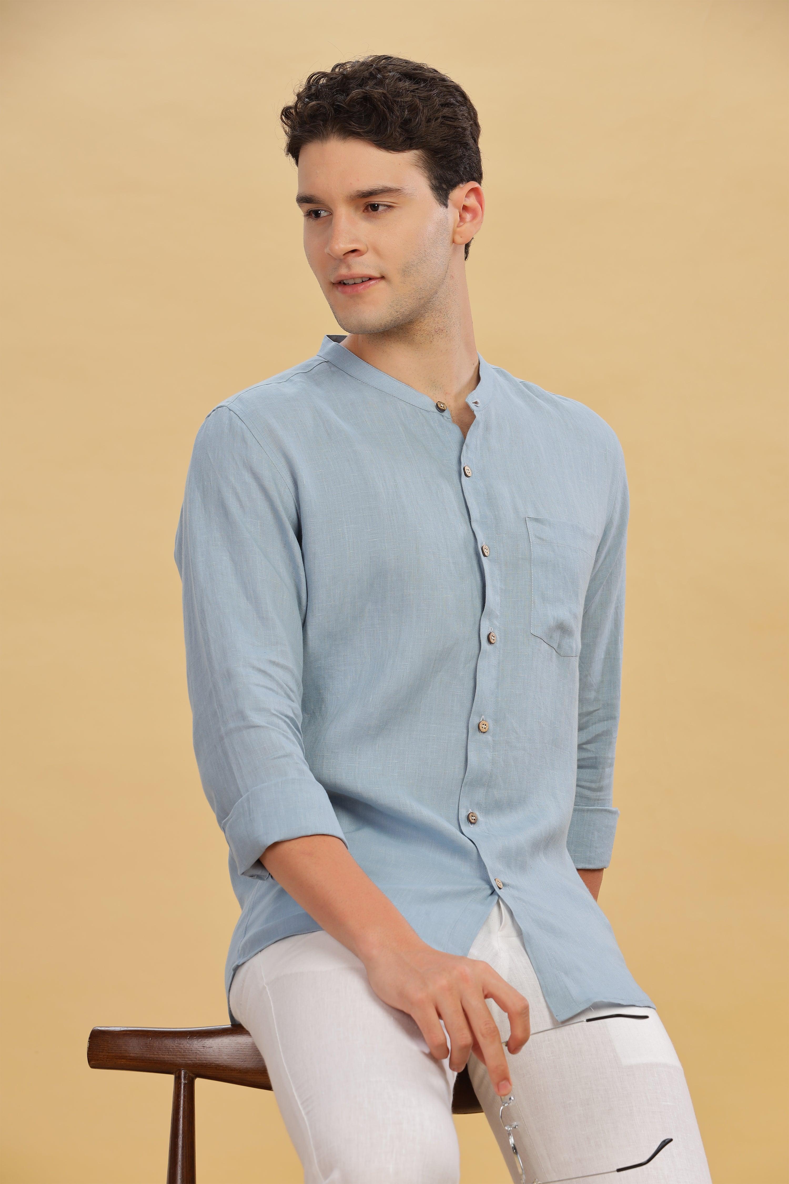 HAN - Pure Linen Mandarin Collar Light Blue Grey Shirt