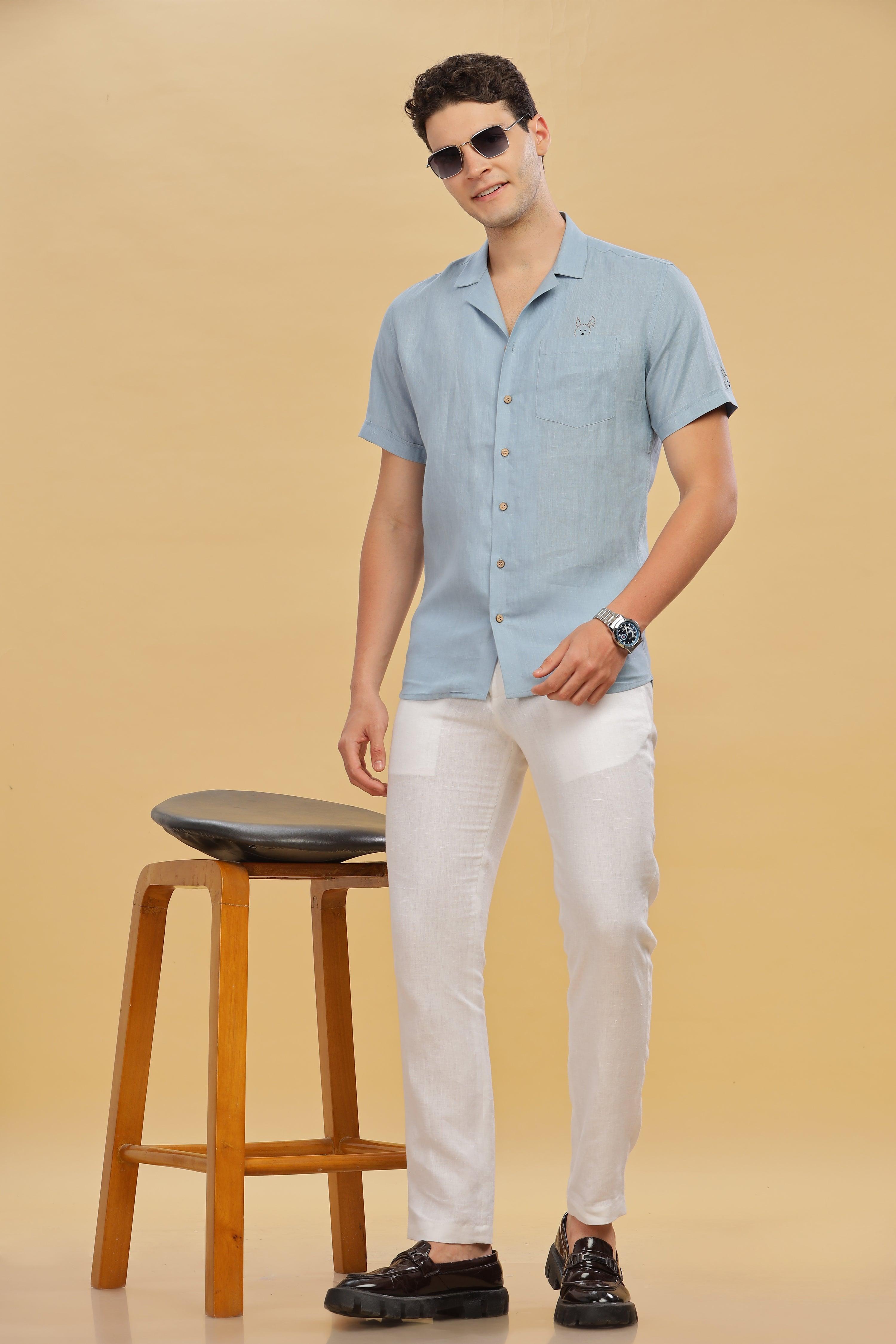 RIO - Embroidered 100% Pure Linen Cuban Collar Light Blue Grey Shirt