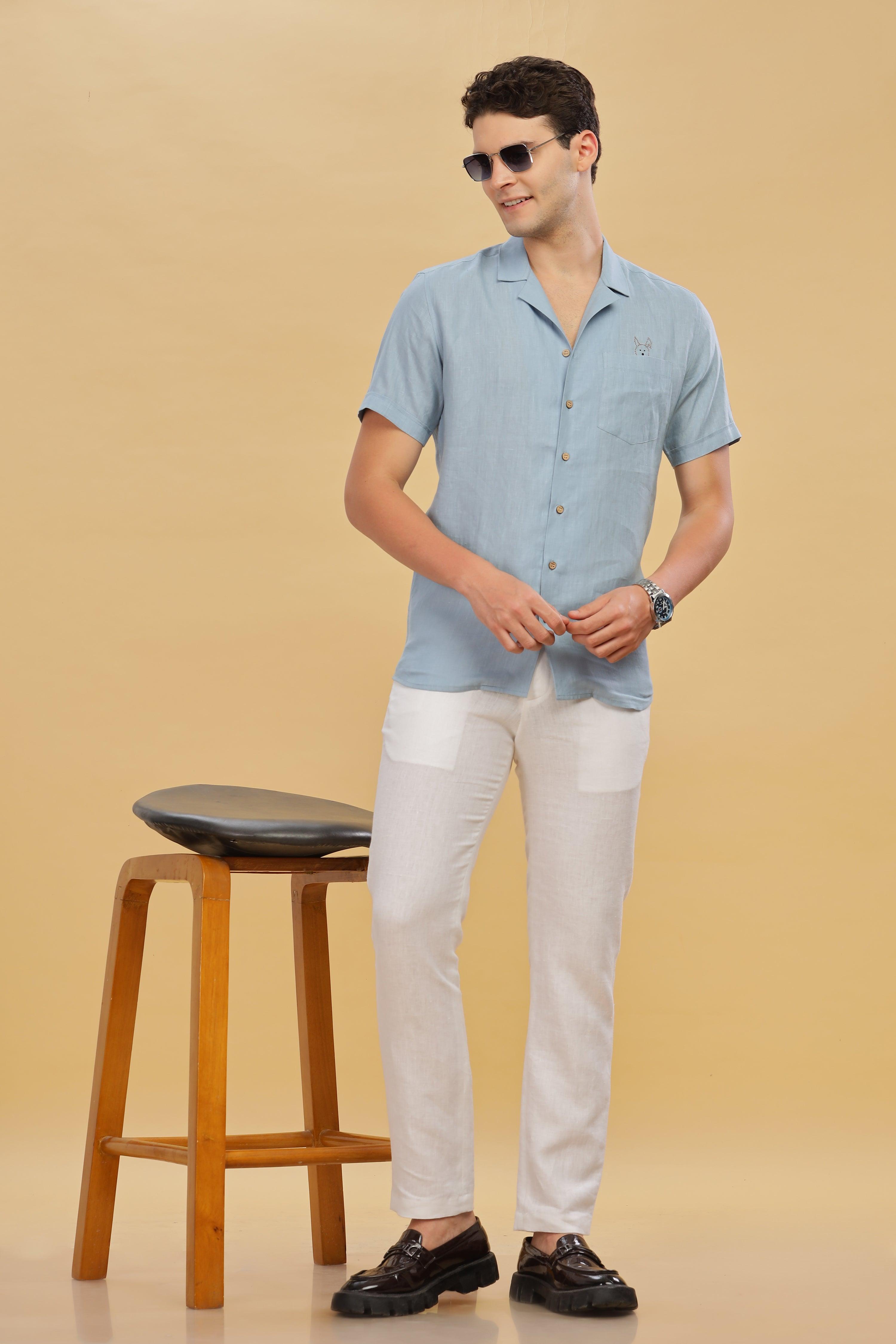 RIO - Embroidered 100% Pure Linen Cuban Collar Light Blue Grey Shirt