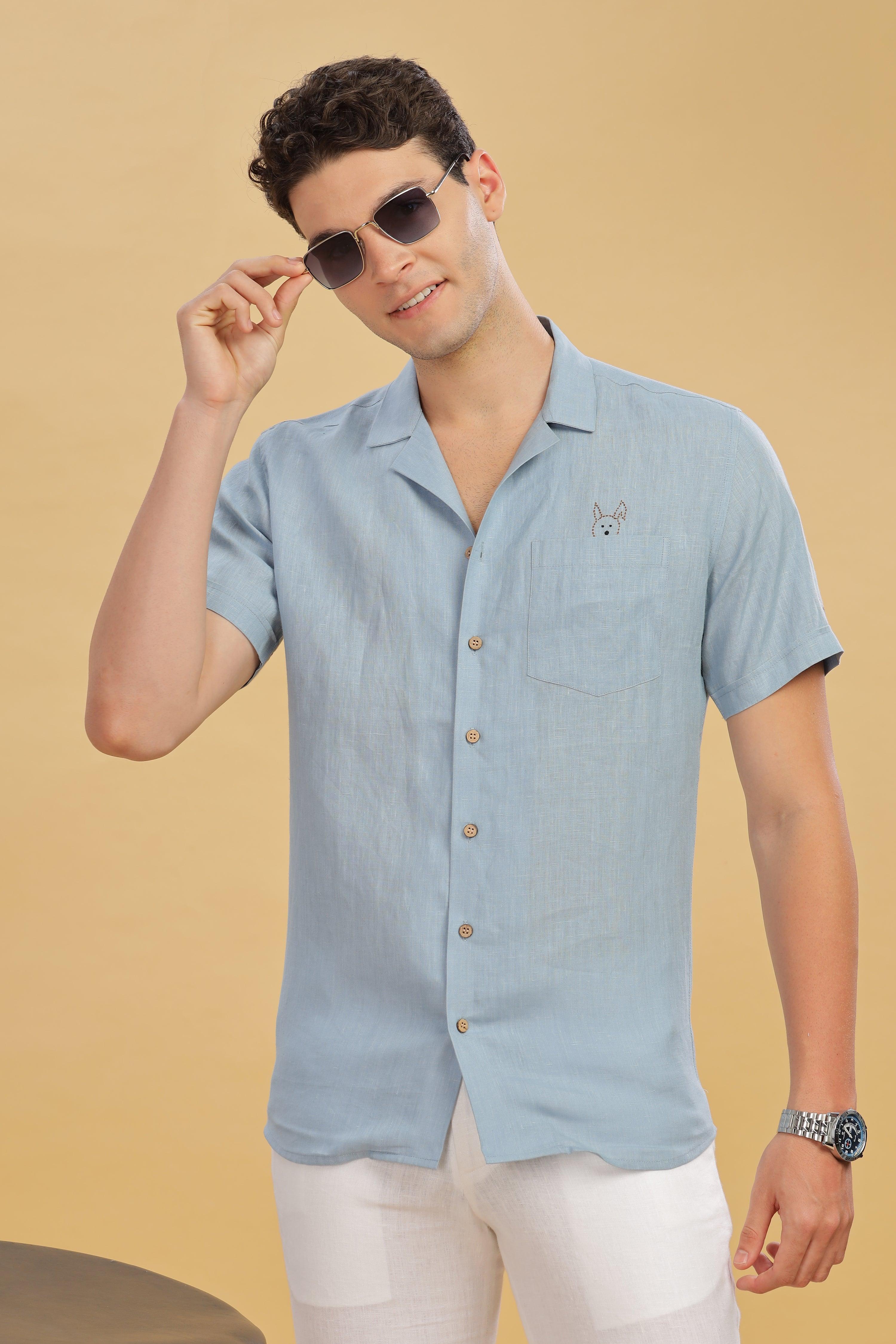 RIO - Embroidered 100% Pure Linen Cuban Collar Light Blue Grey Shirt