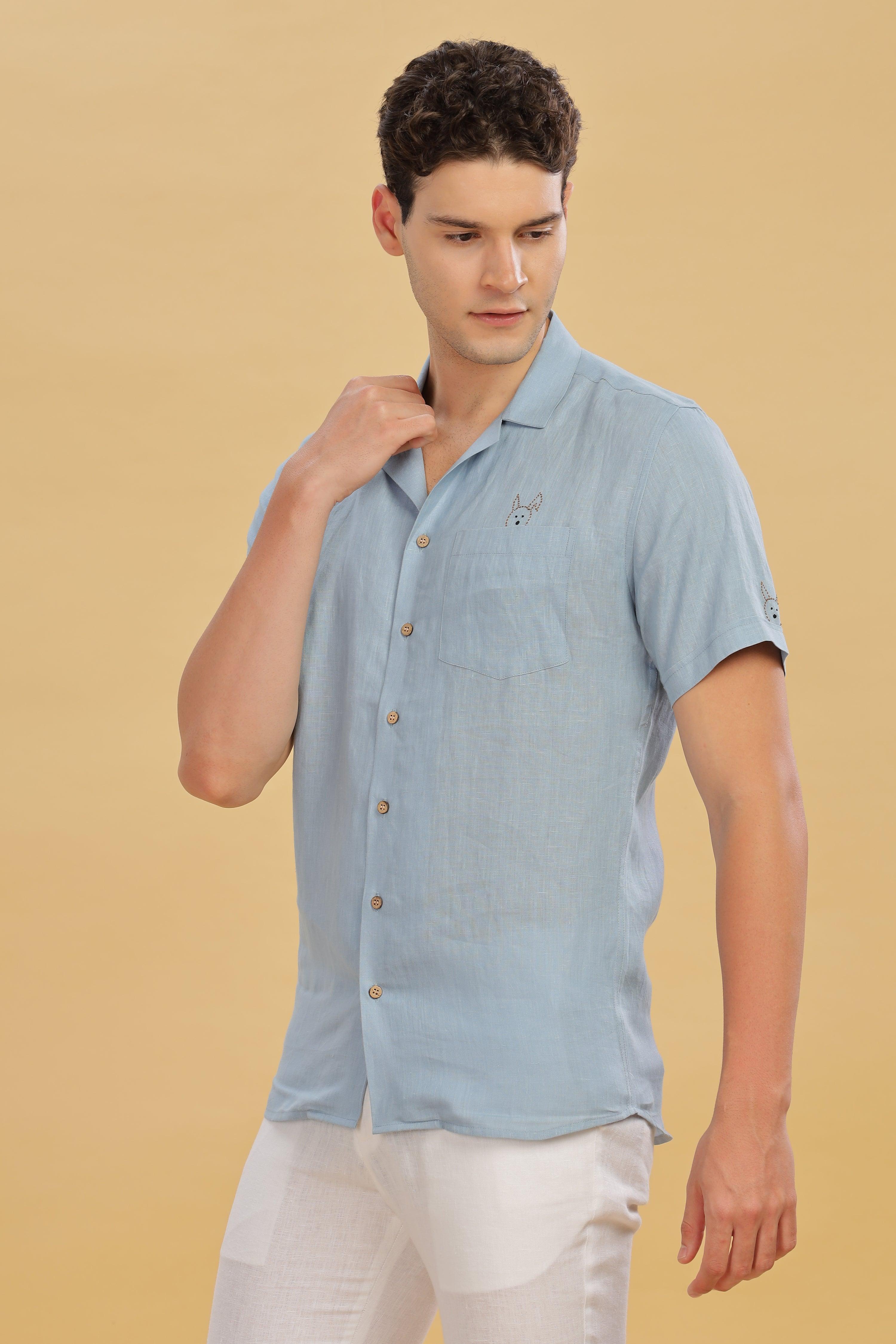 RIO - Embroidered 100% Pure Linen Cuban Collar Light Blue Grey Shirt