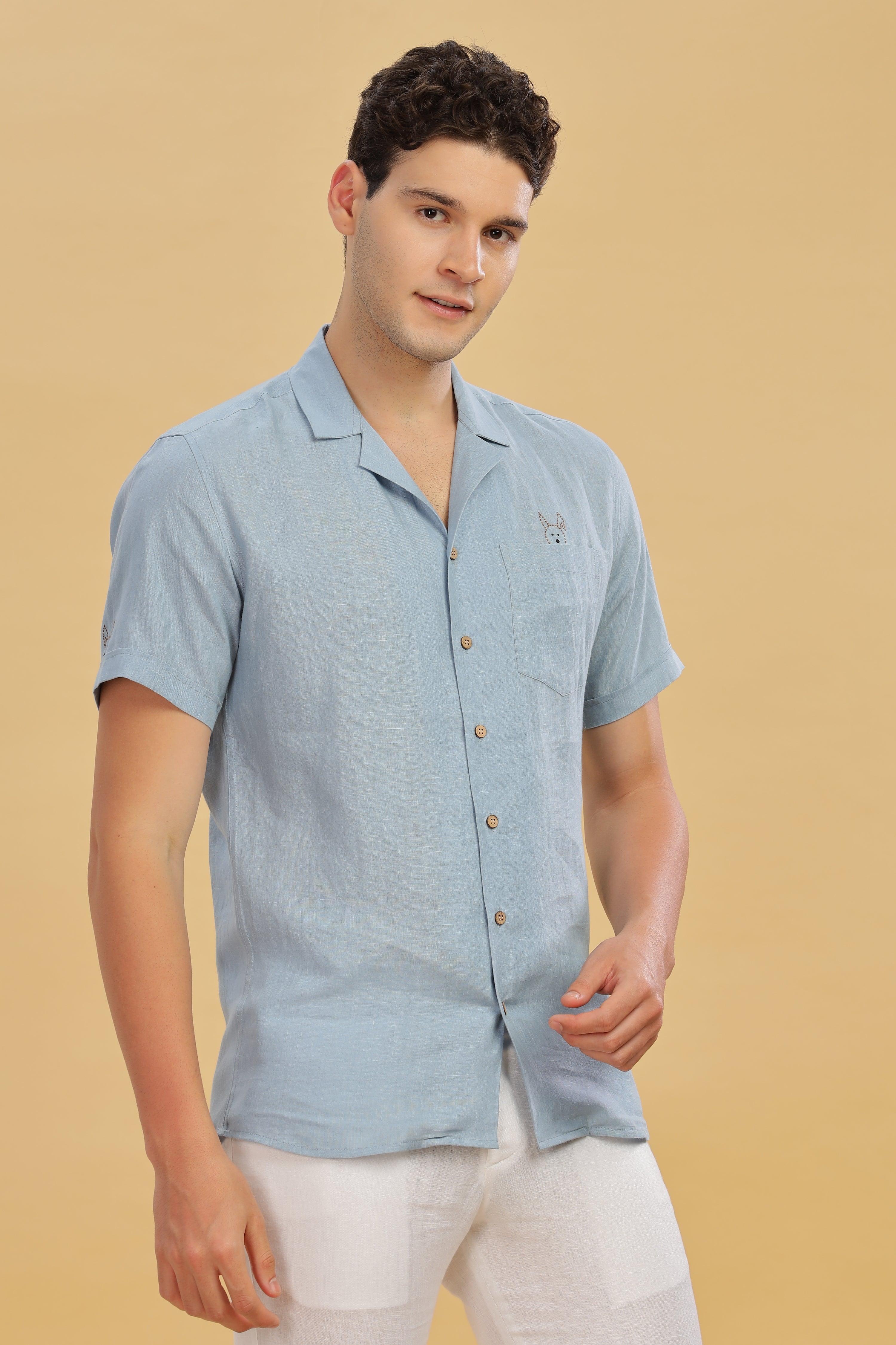 RIO - Embroidered 100% Pure Linen Cuban Collar Light Blue Grey Shirt