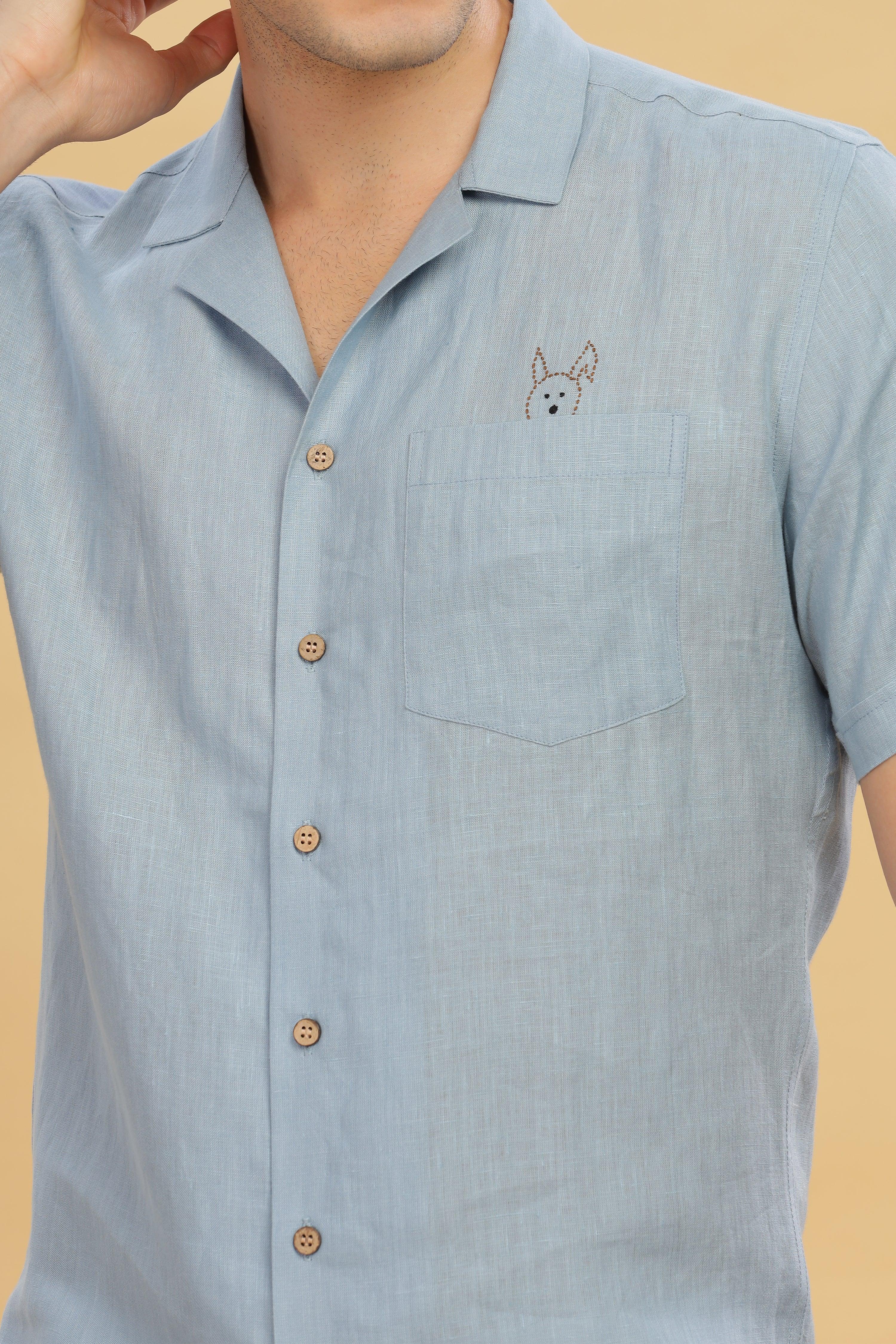RIO - Embroidered 100% Pure Linen Cuban Collar Light Blue Grey Shirt