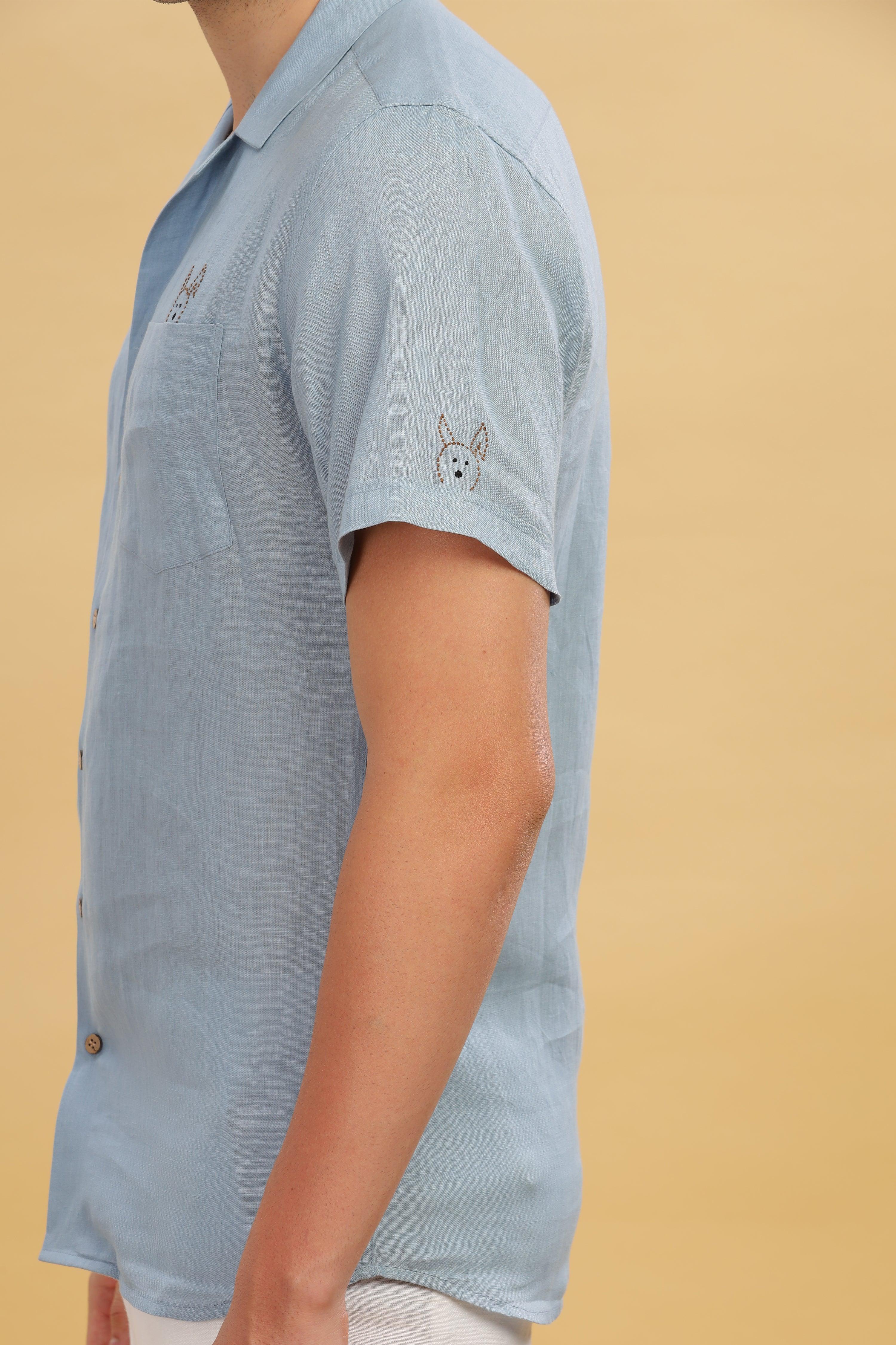 RIO - Embroidered 100% Pure Linen Cuban Collar Light Blue Grey Shirt