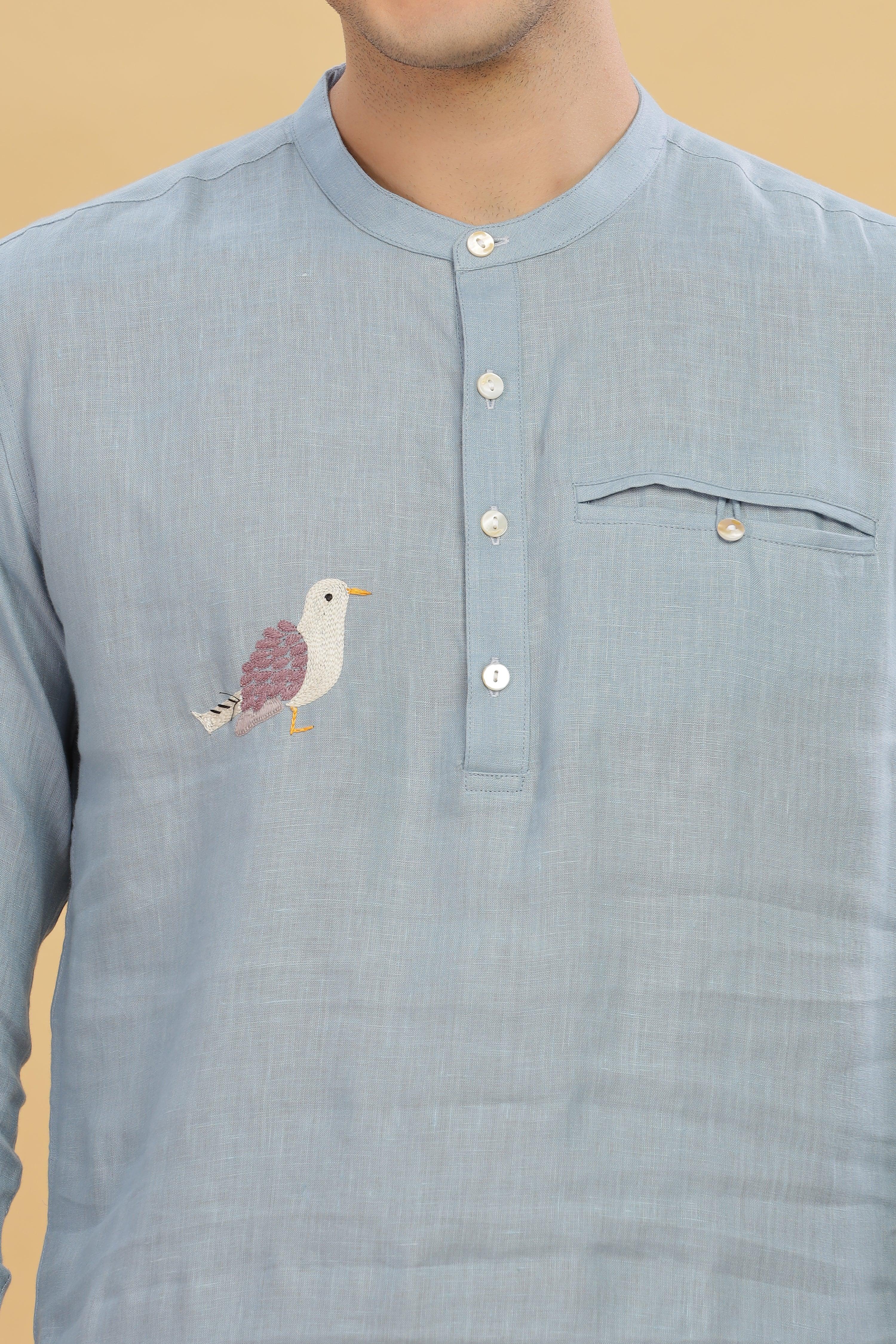 MILANO -Pure Linen Bird Embroidery Light Blue Grey Shirt