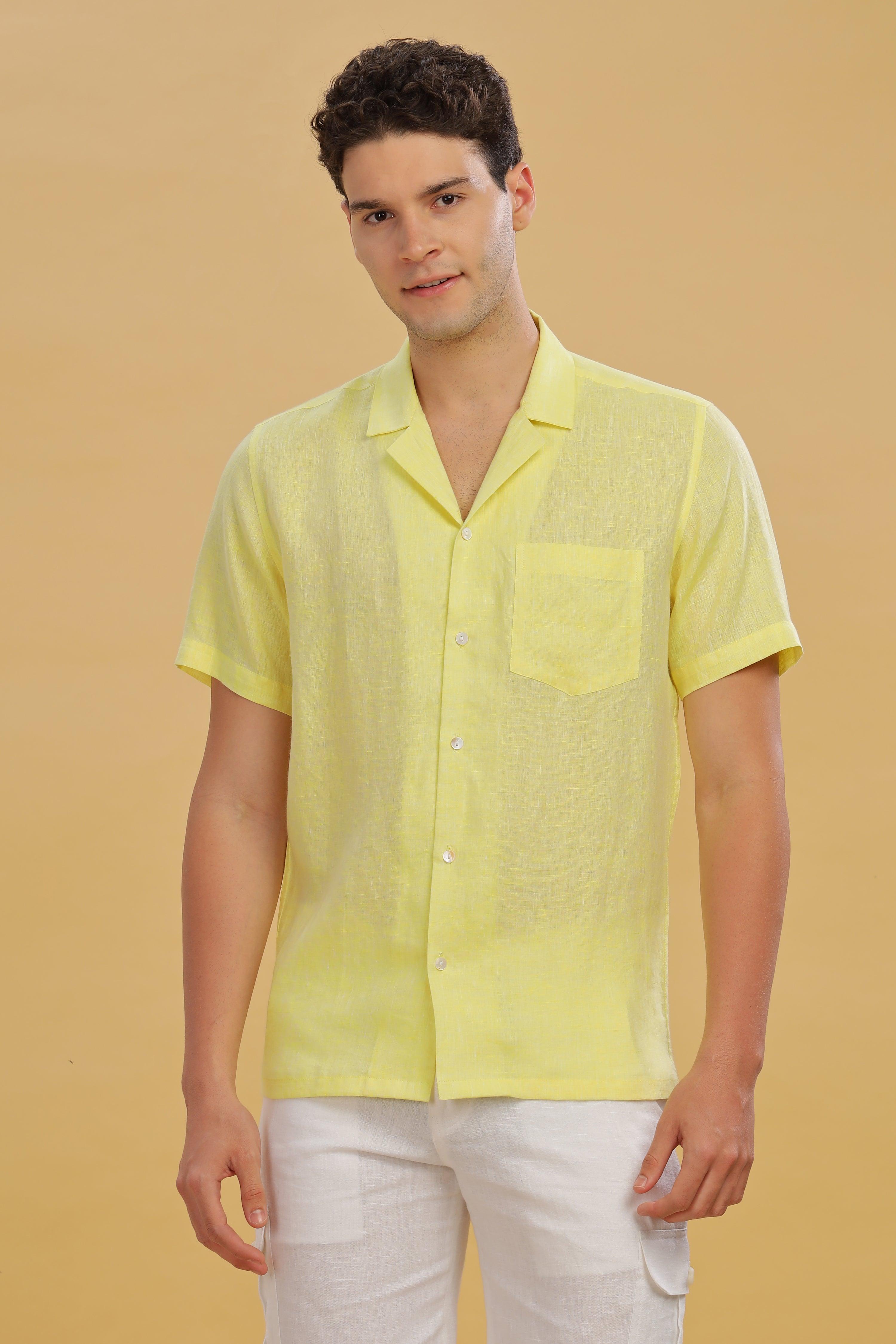 KANE - 100% Pure Linen Cuban Collar Light Yellow Chambray Shirt