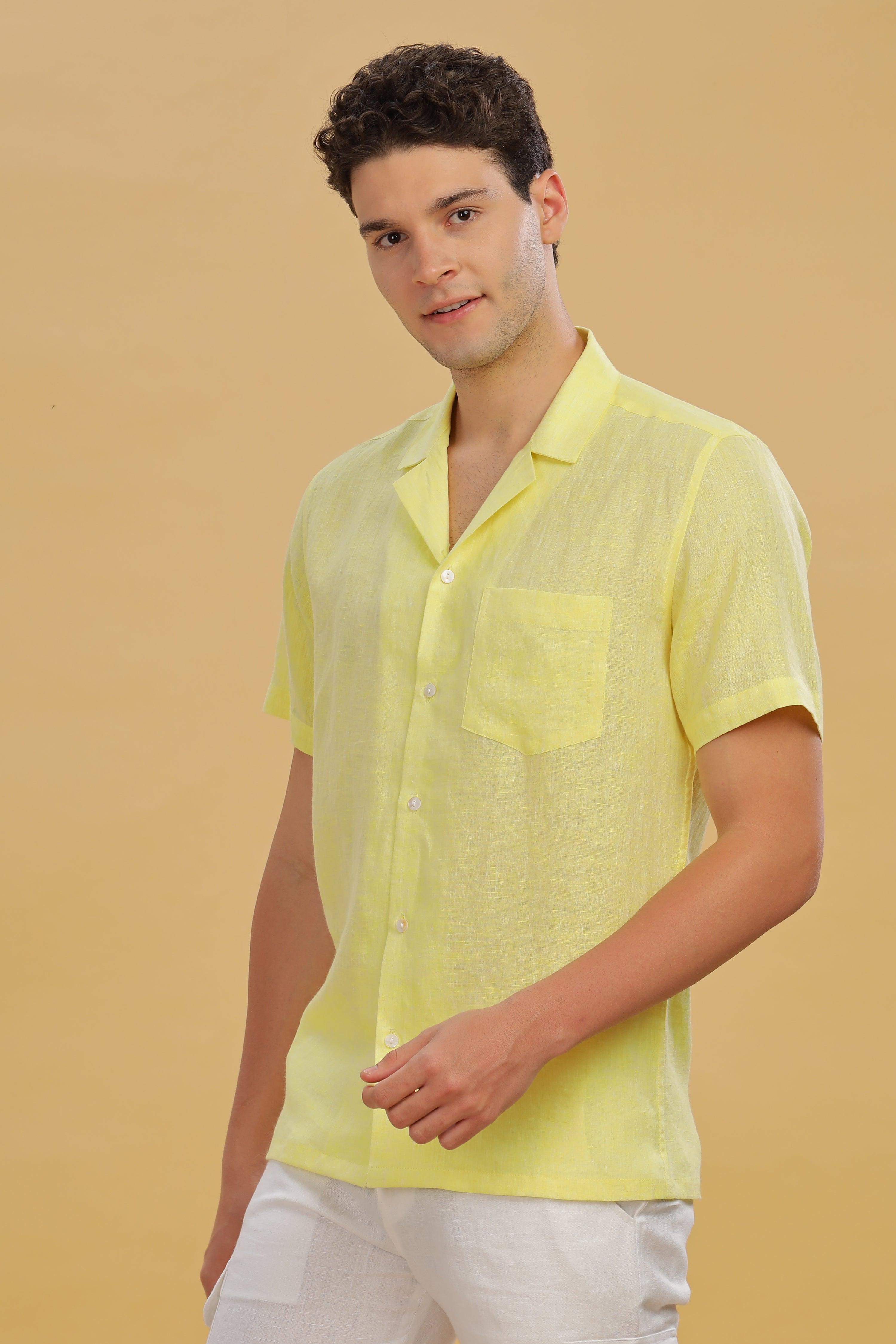 KANE - 100% Pure Linen Cuban Collar Light Yellow Chambray Shirt