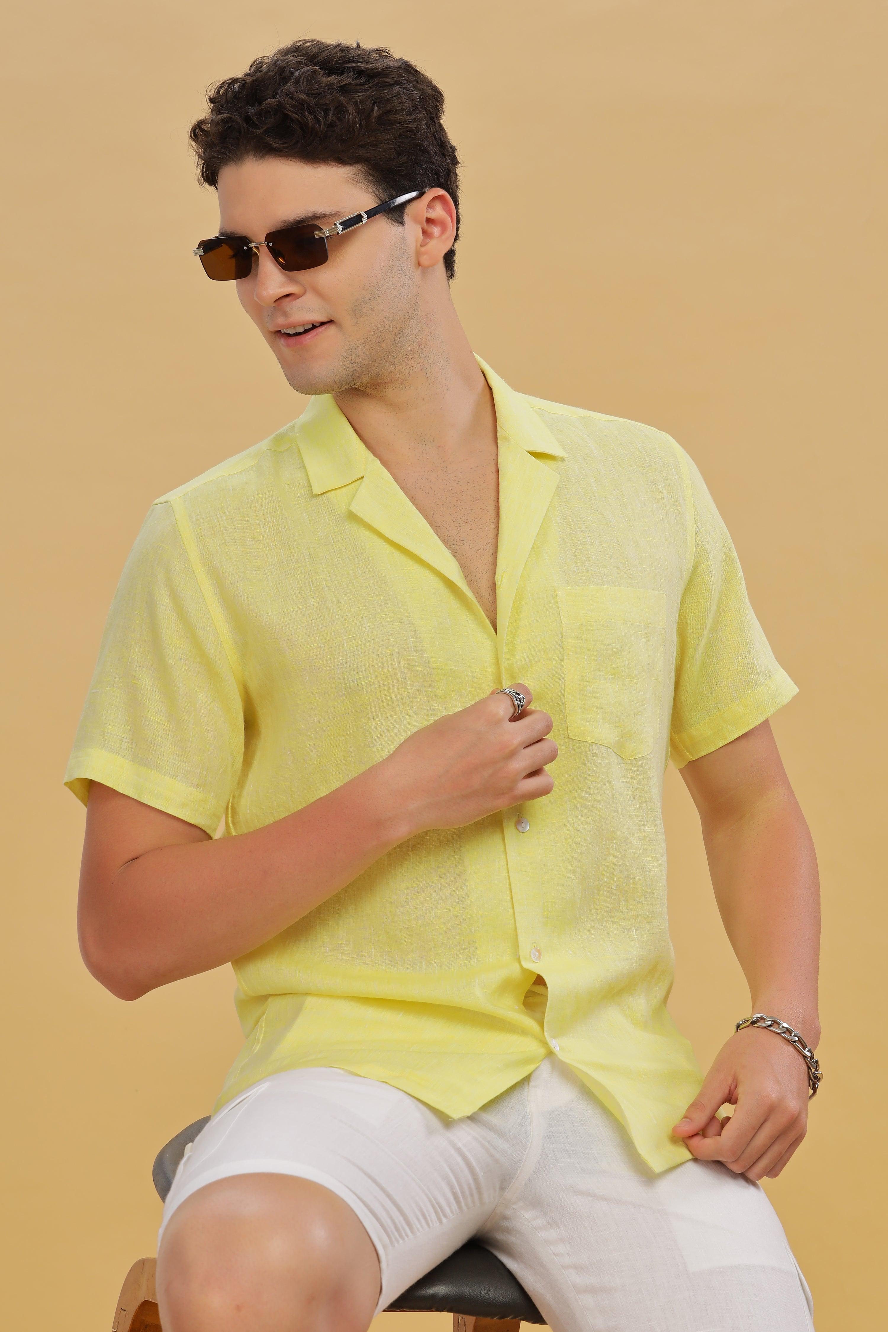 KANE - 100% Pure Linen Cuban Collar Light Yellow Chambray Shirt