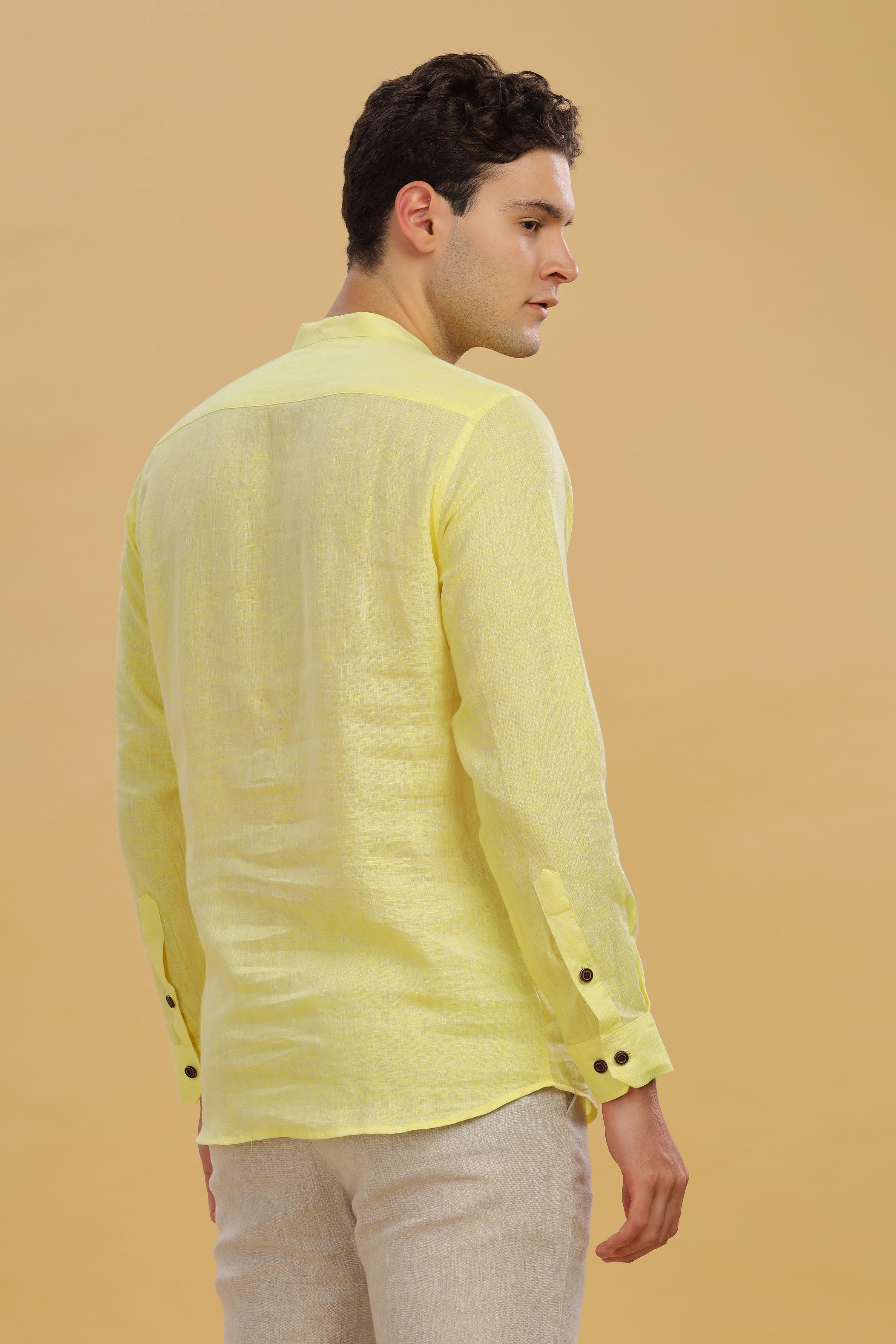 NILE Long Sleeves - 100% Pure Linen Half Placket Light Yellow Chambray Shirt