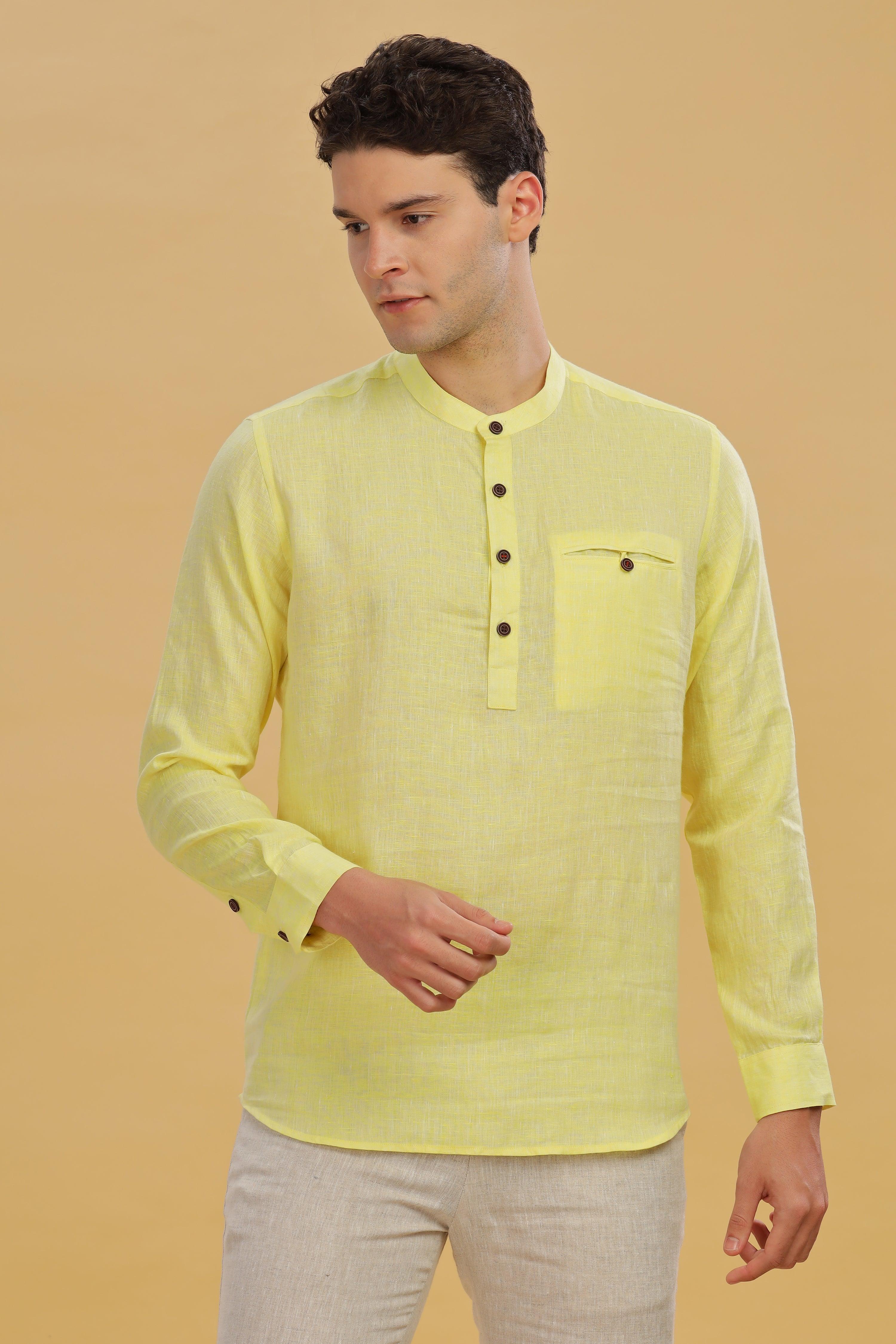 NILE Long Sleeves - 100% Pure Linen Half Placket Light Yellow Chambray Shirt