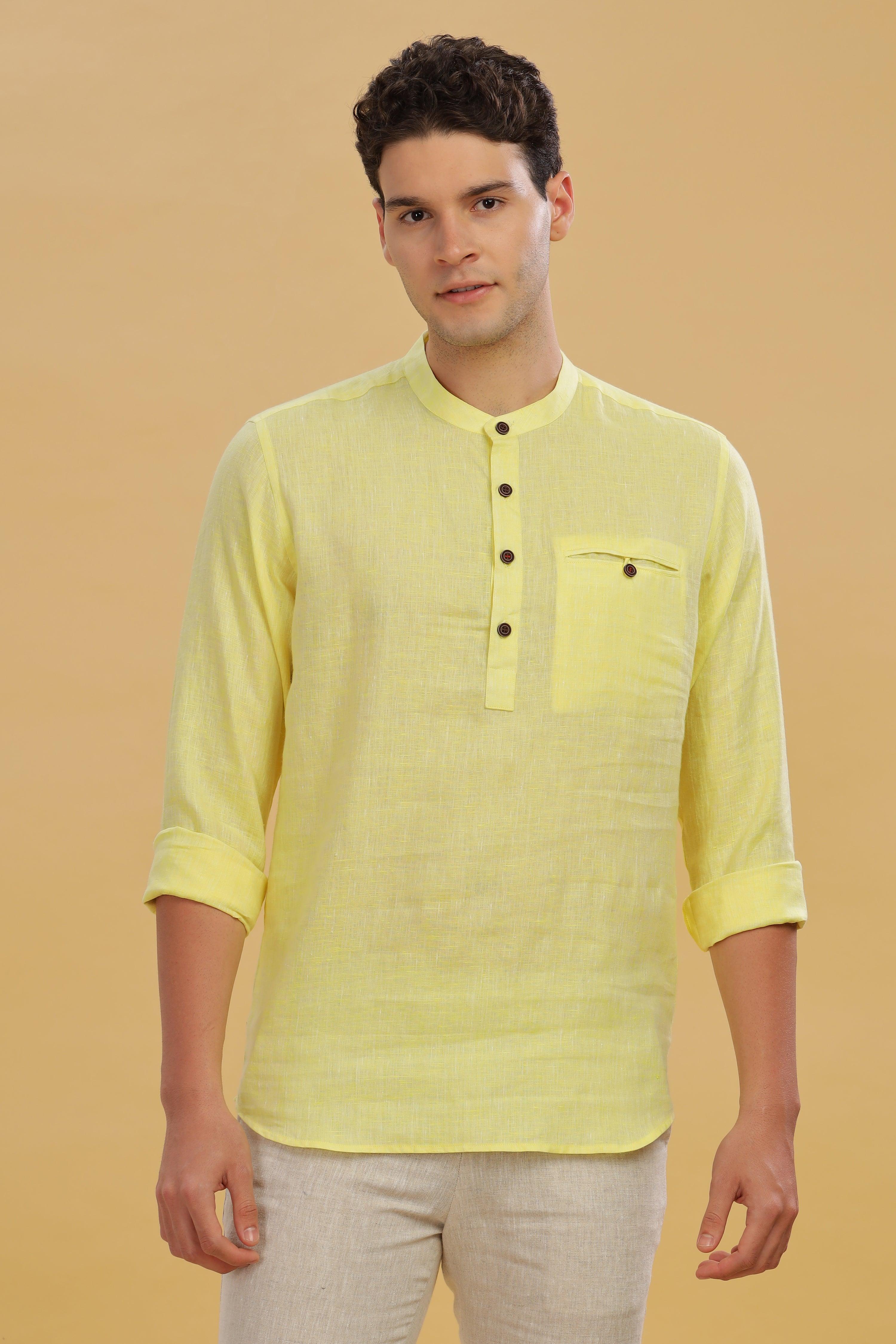 NILE Long Sleeves - 100% Pure Linen Half Placket Light Yellow Chambray Shirt