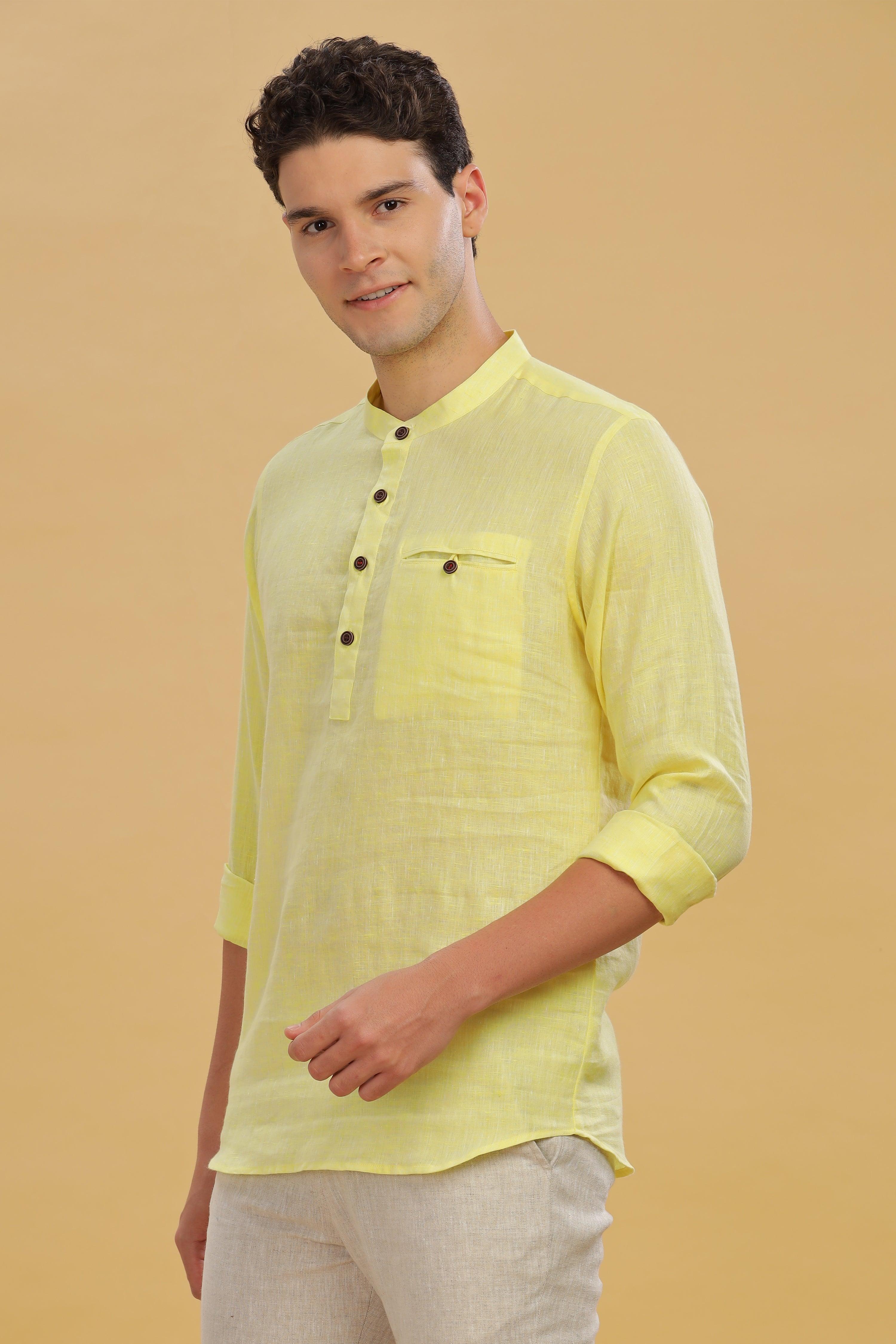 NILE Long Sleeves - 100% Pure Linen Half Placket Light Yellow Chambray Shirt