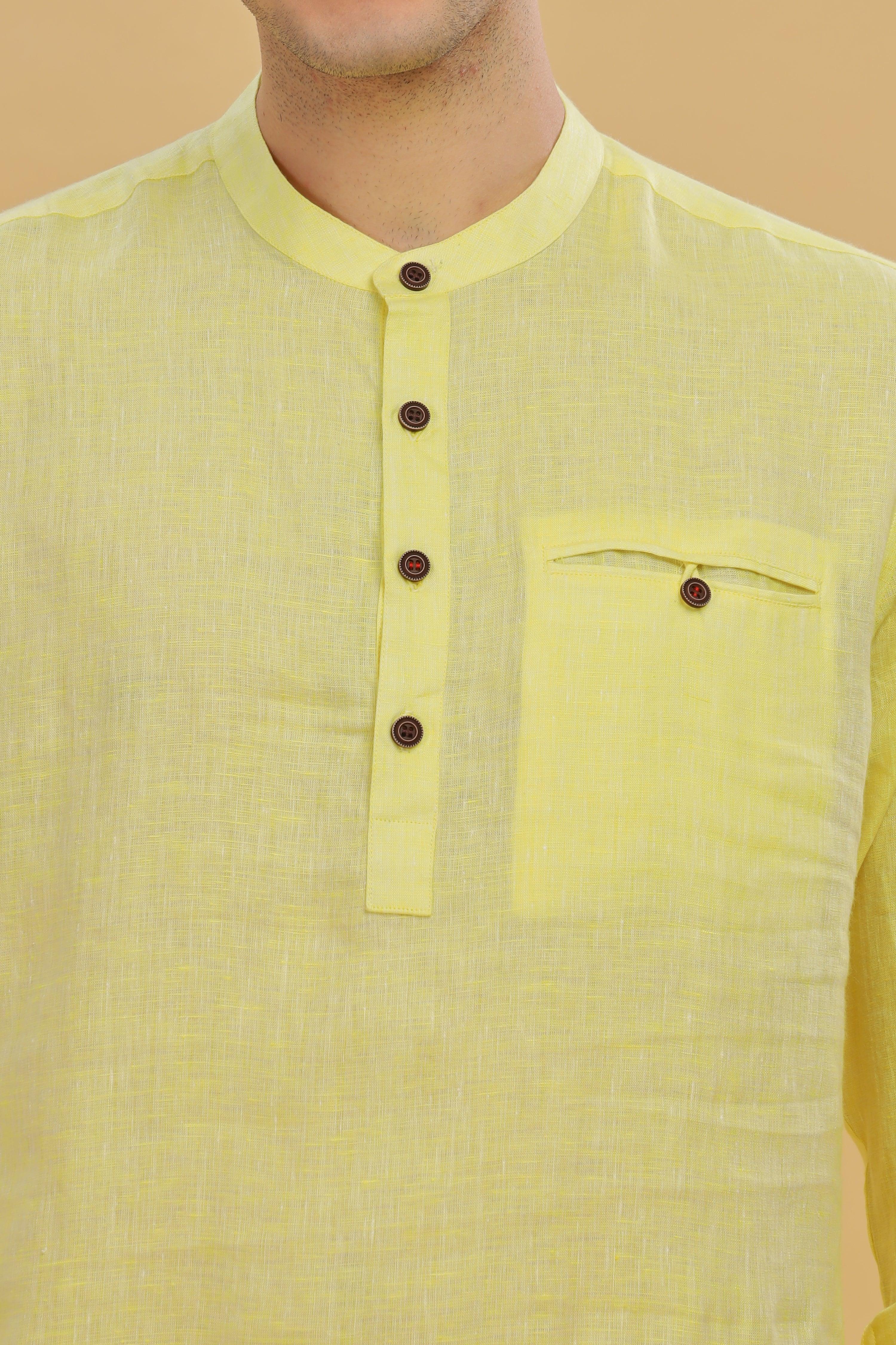 NILE Long Sleeves - 100% Pure Linen Half Placket Light Yellow Chambray Shirt