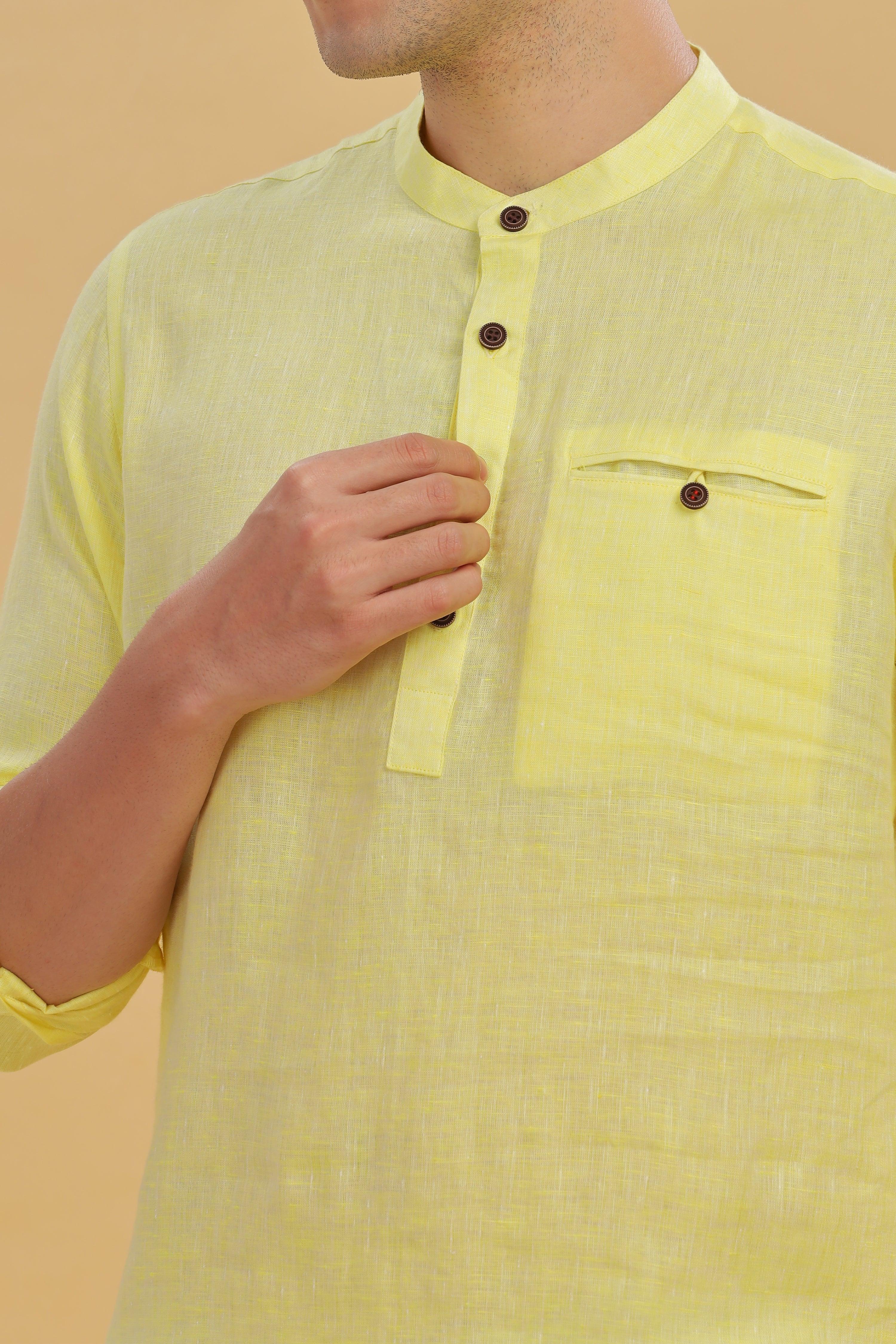 NILE Long Sleeves - 100% Pure Linen Half Placket Light Yellow Chambray Shirt