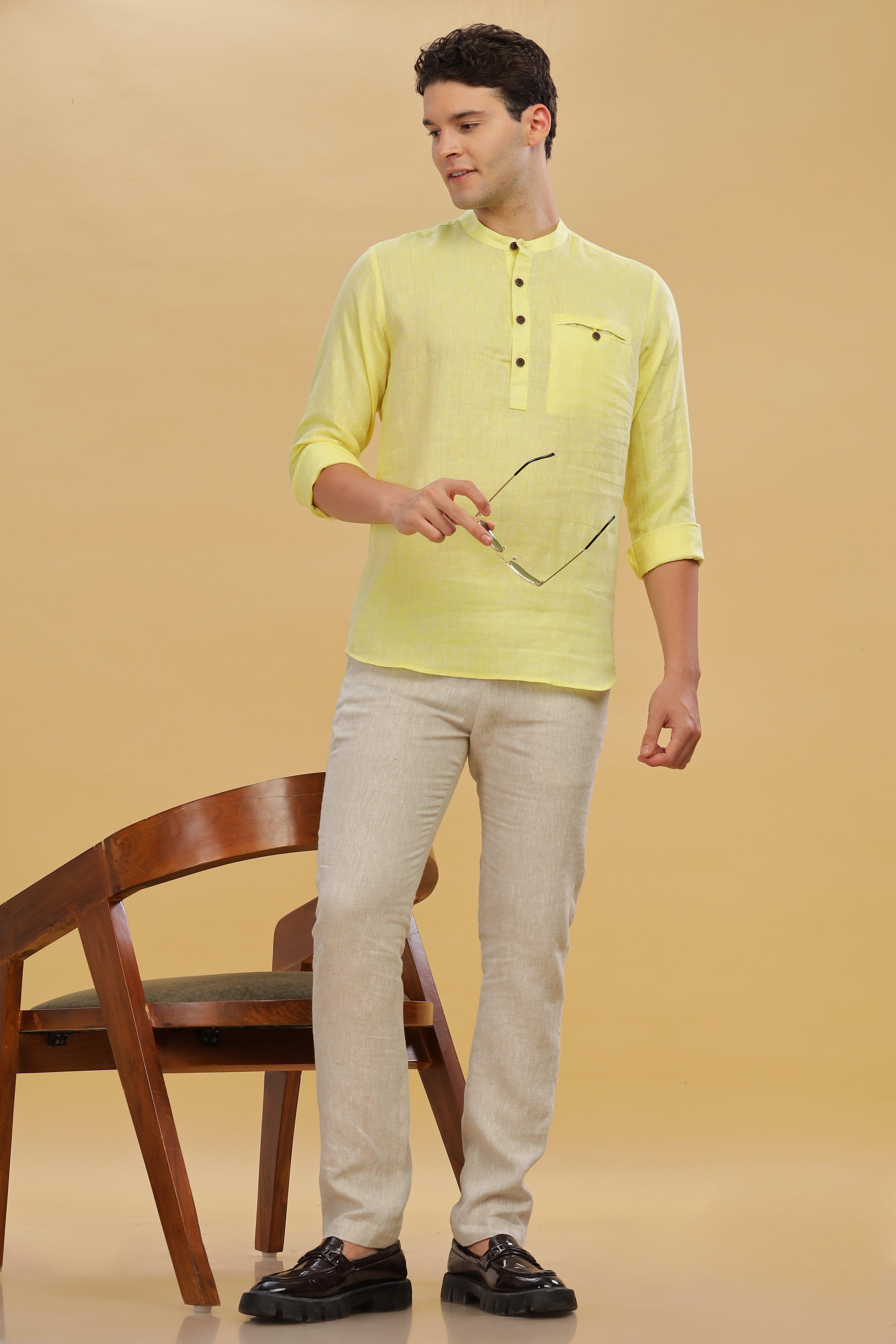 NILE Long Sleeves - 100% Pure Linen Half Placket Light Yellow Chambray Shirt
