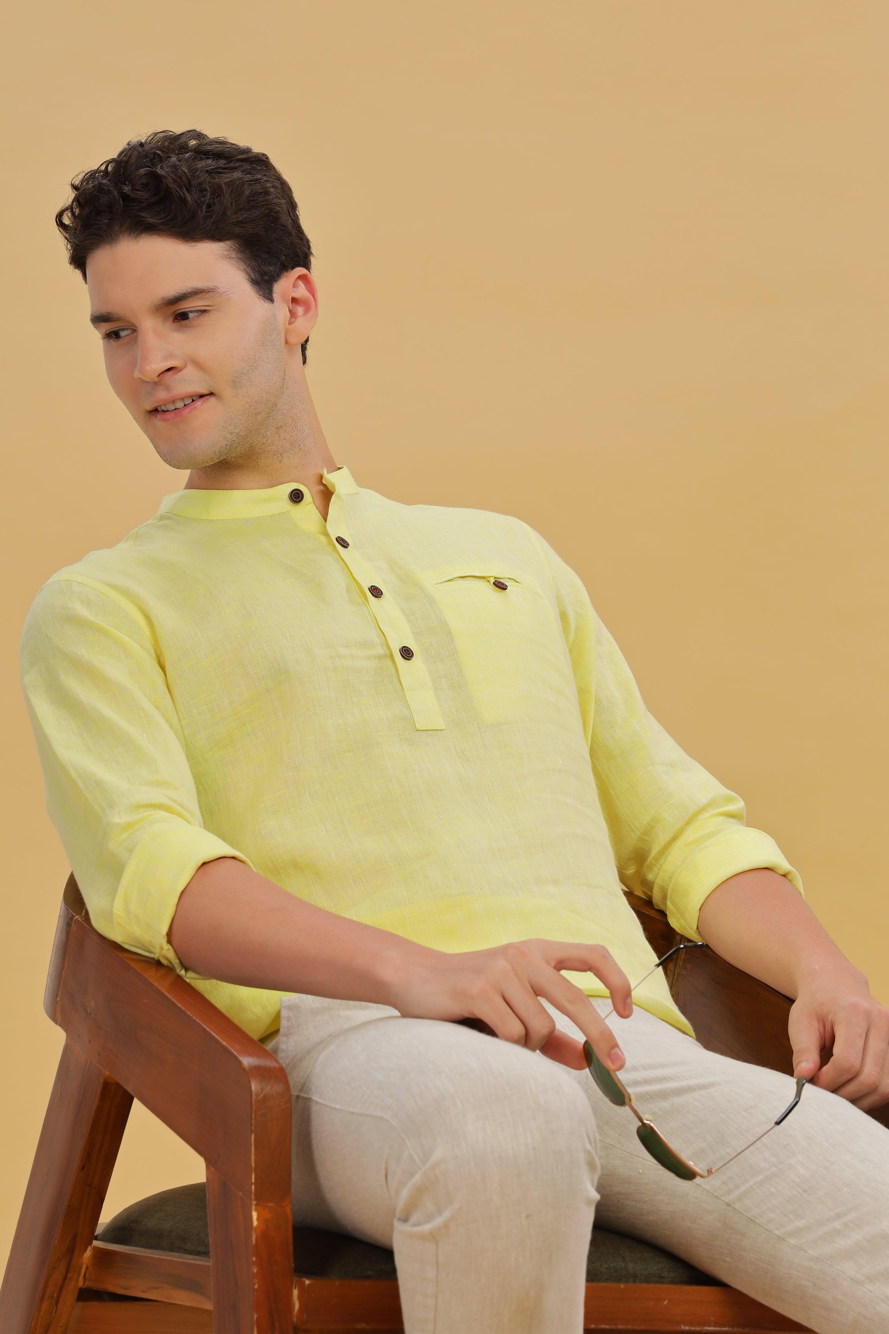 NILE Long Sleeves - 100% Pure Linen Half Placket Light Yellow Chambray Shirt