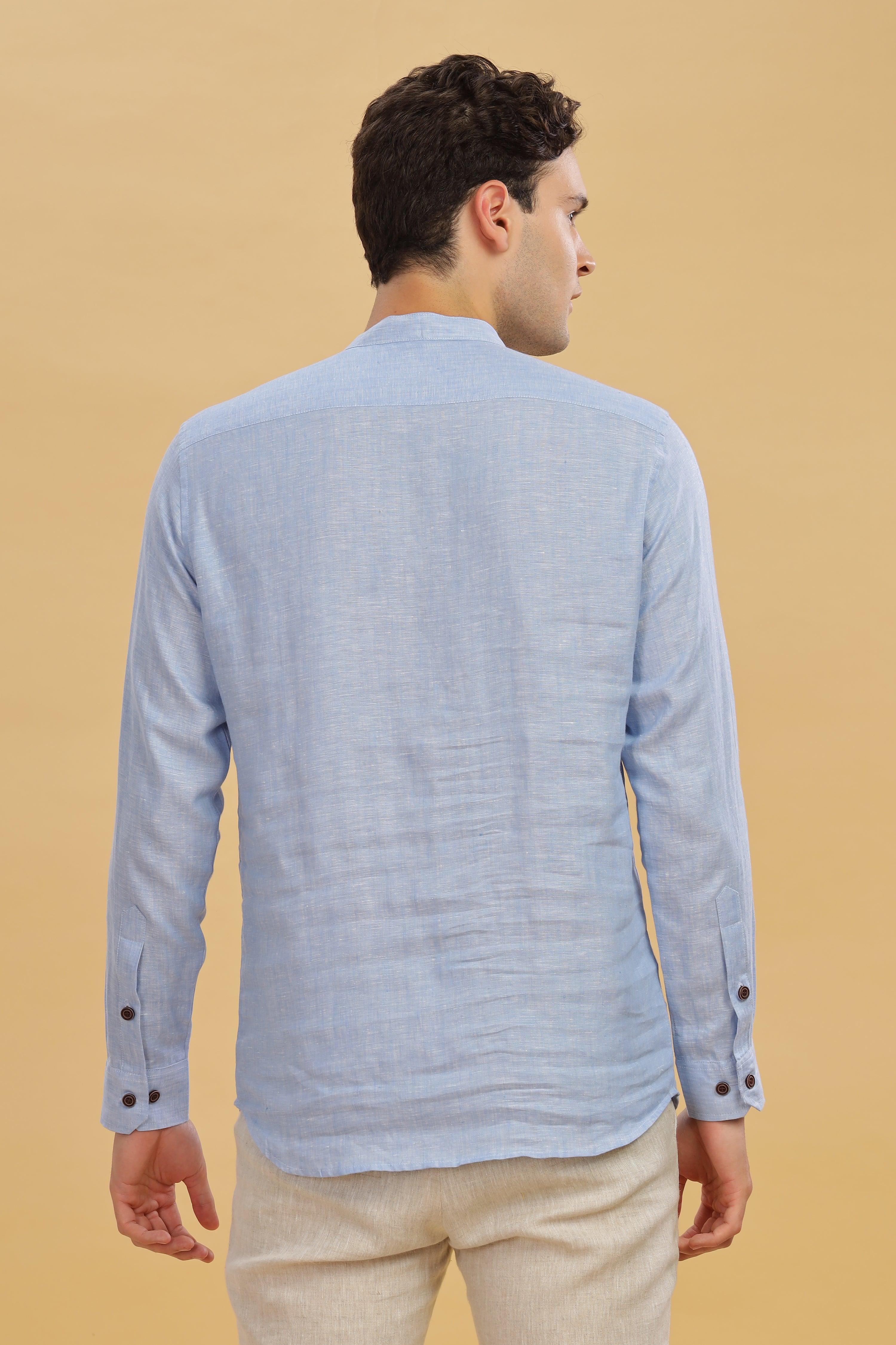 NILE Long Sleeves - 100% Pure Linen Half Placket Light Blue Grey Shirt