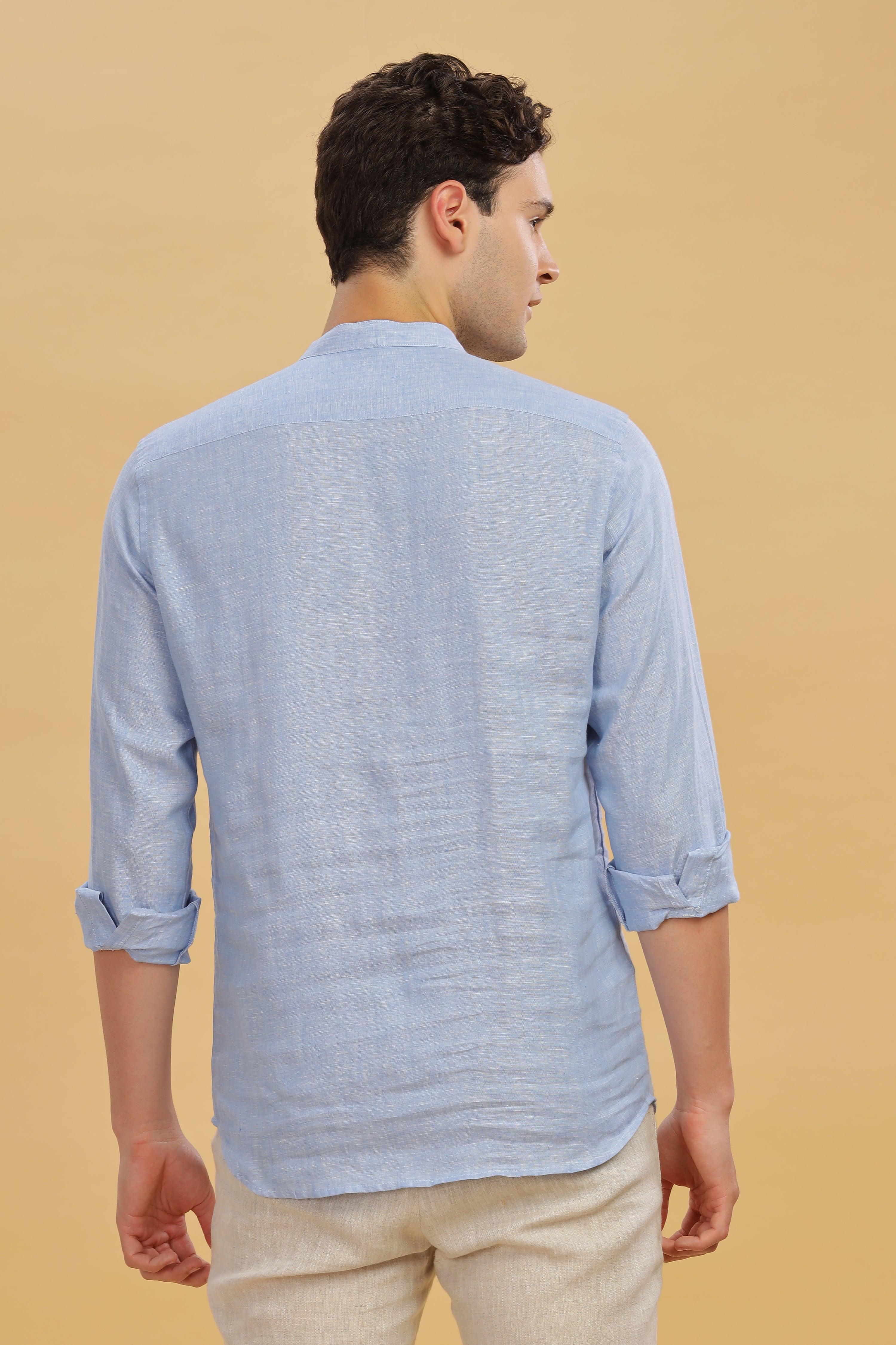 NILE Long Sleeves - 100% Pure Linen Half Placket Light Blue Grey Shirt
