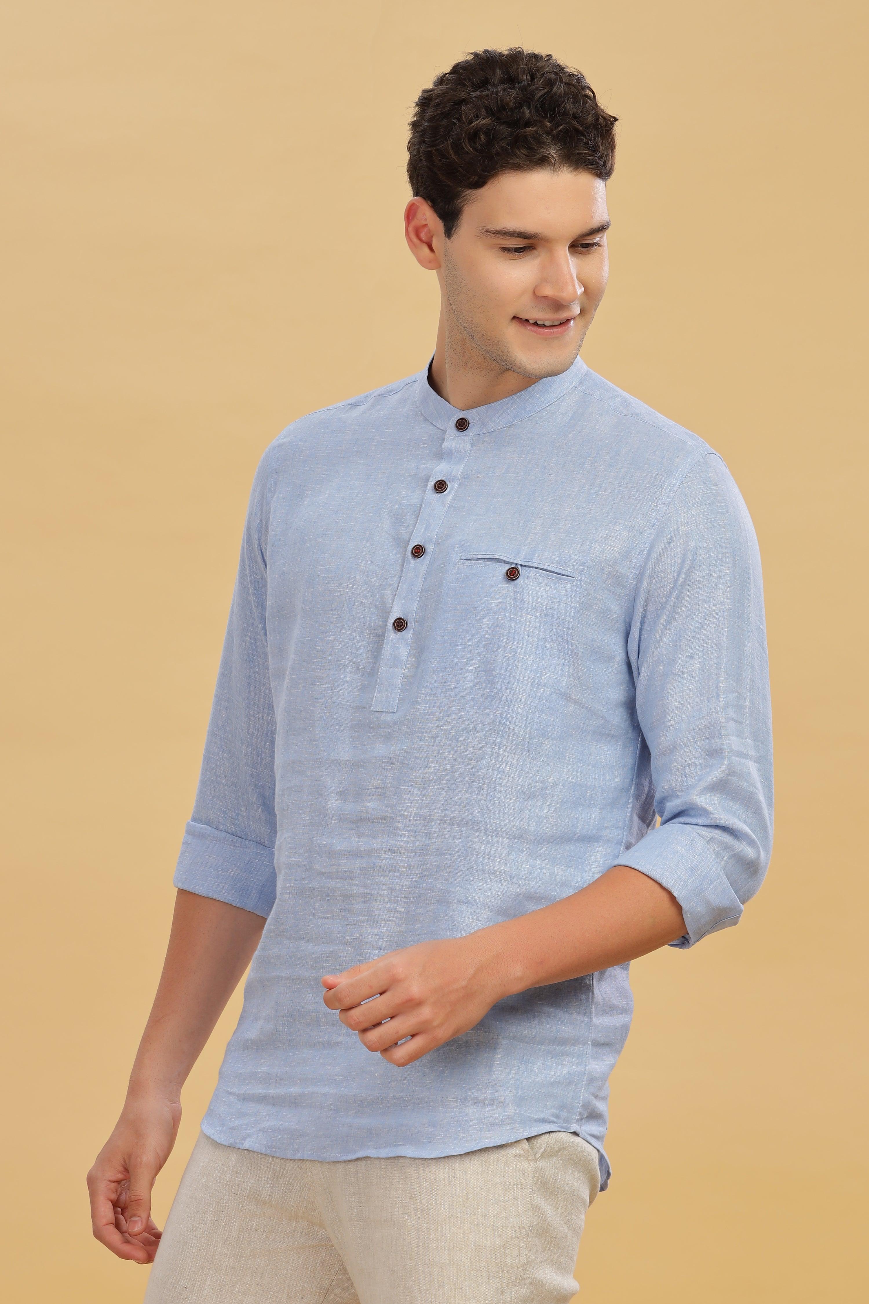 NILE Long Sleeves - 100% Pure Linen Half Placket Light Blue Grey Shirt