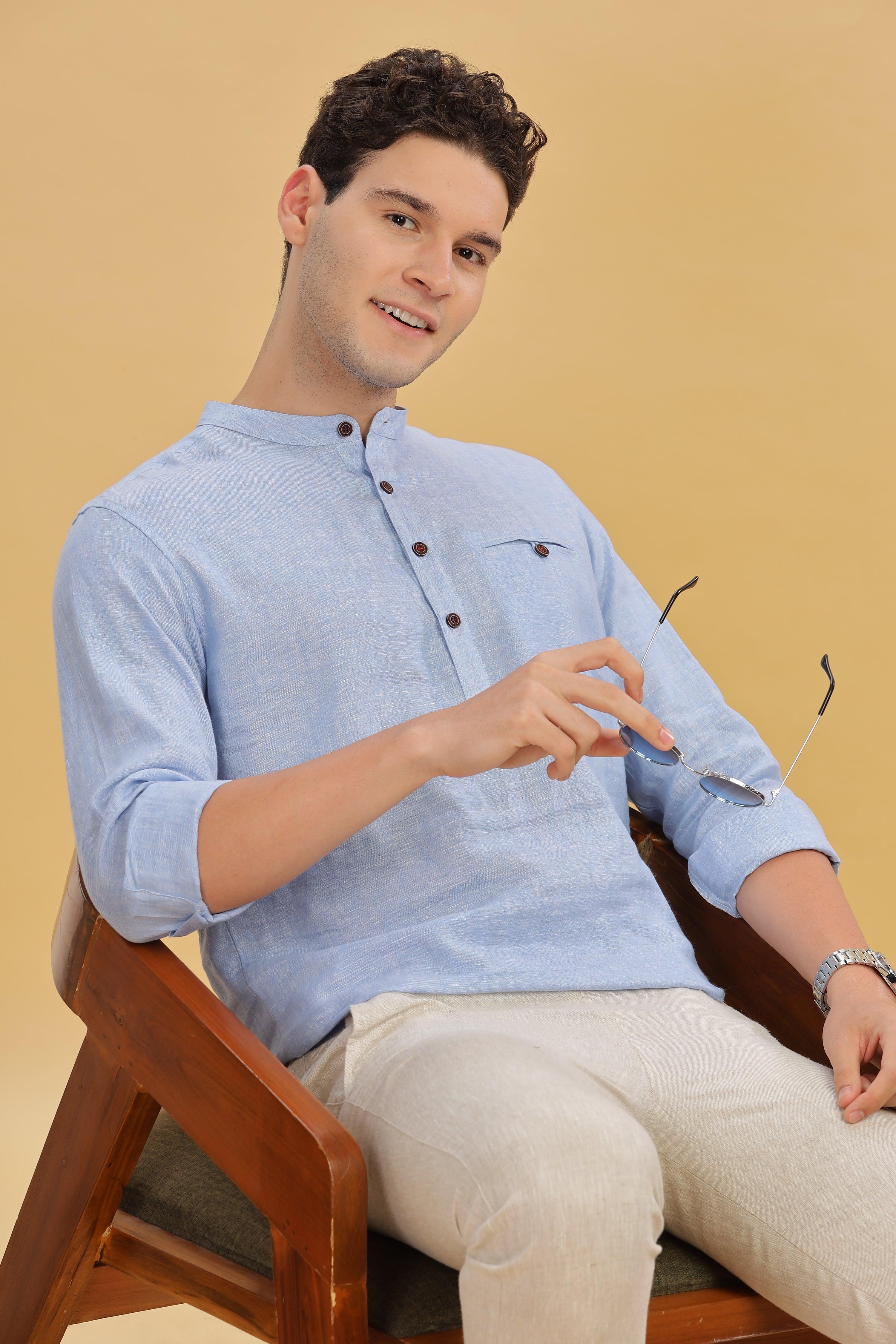 NILE Long Sleeves - 100% Pure Linen Half Placket Light Blue Grey Shirt