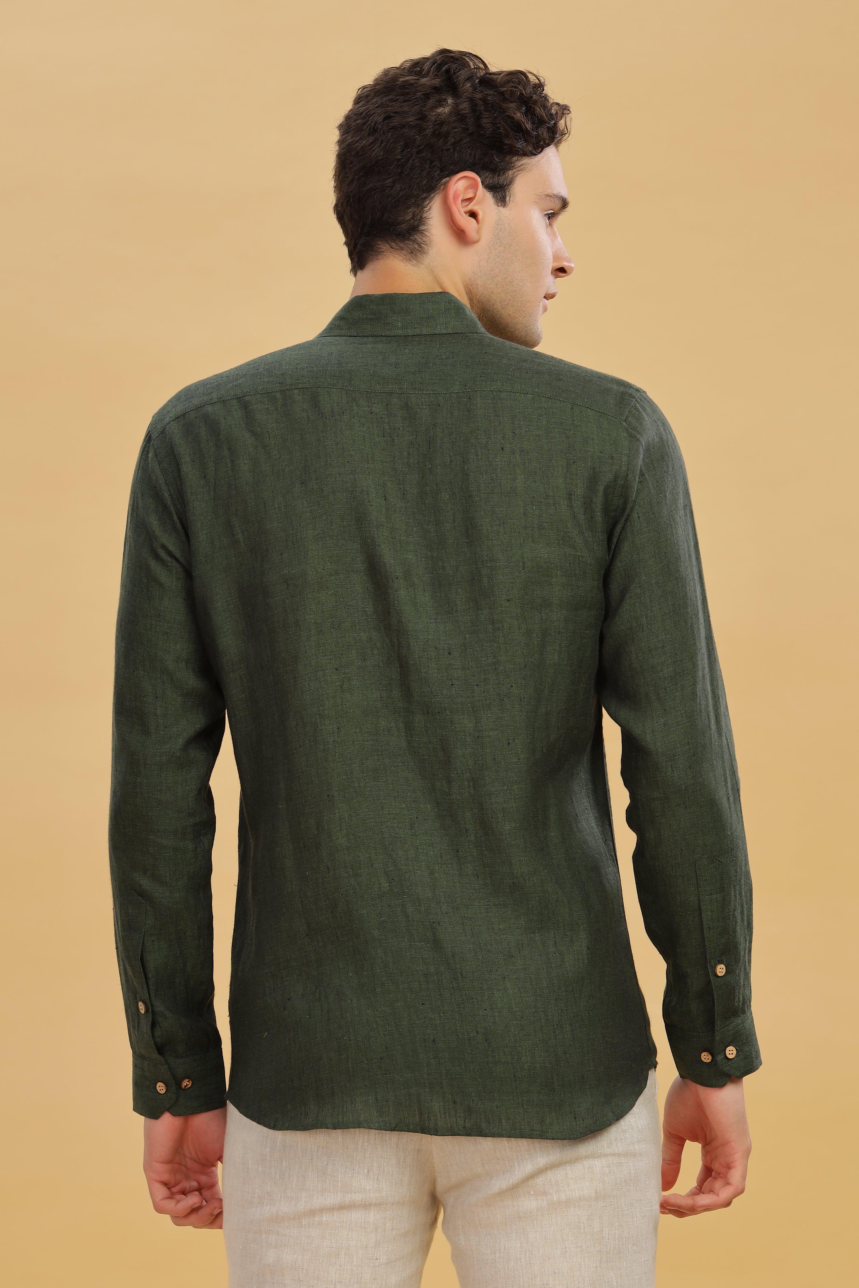 MARK Long Sleeves -100% Pure Linen Regular Collar Dark Green Chambray Shirt