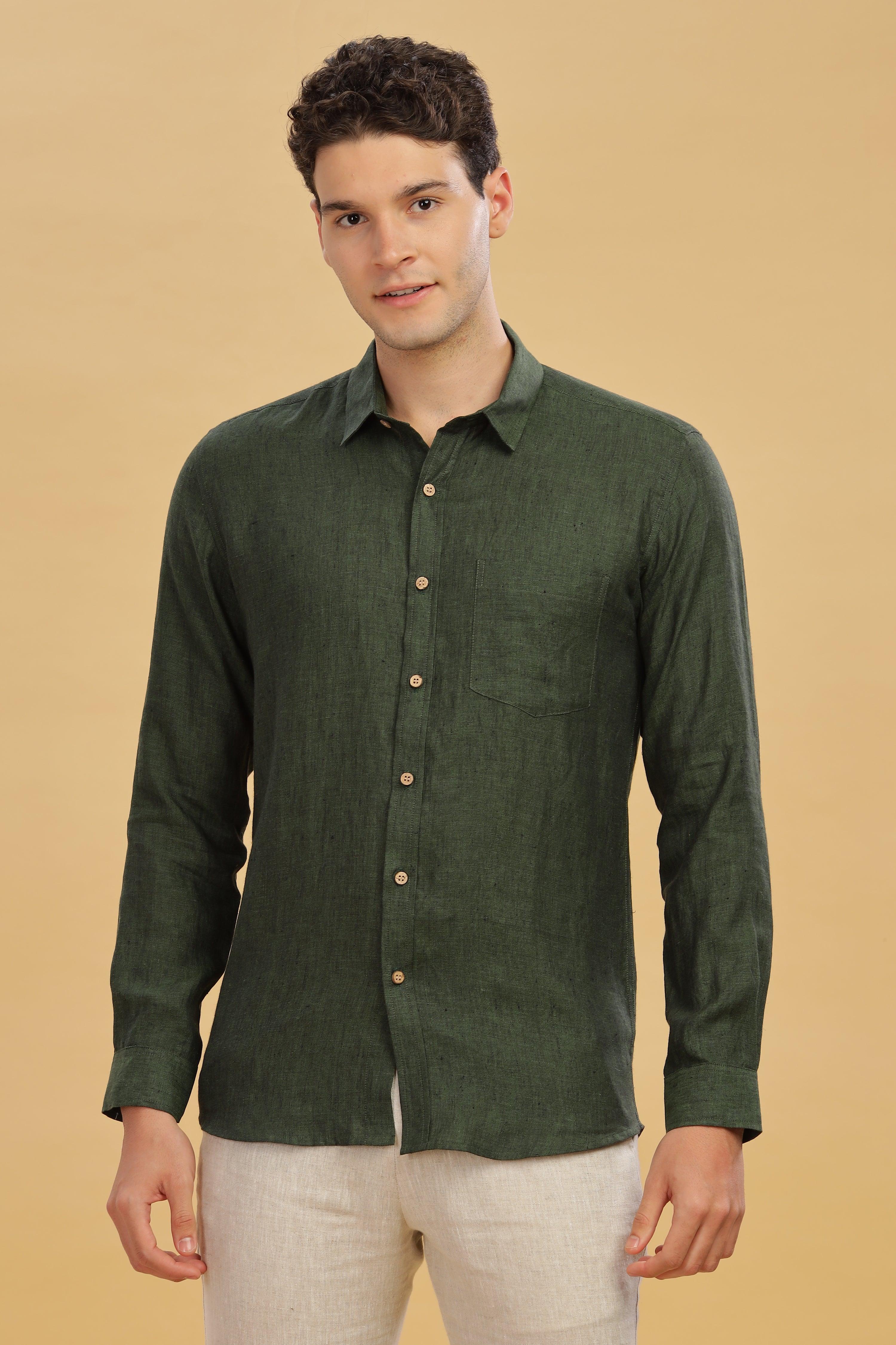 MARK Long Sleeves -100% Pure Linen Regular Collar Dark Green Chambray Shirt