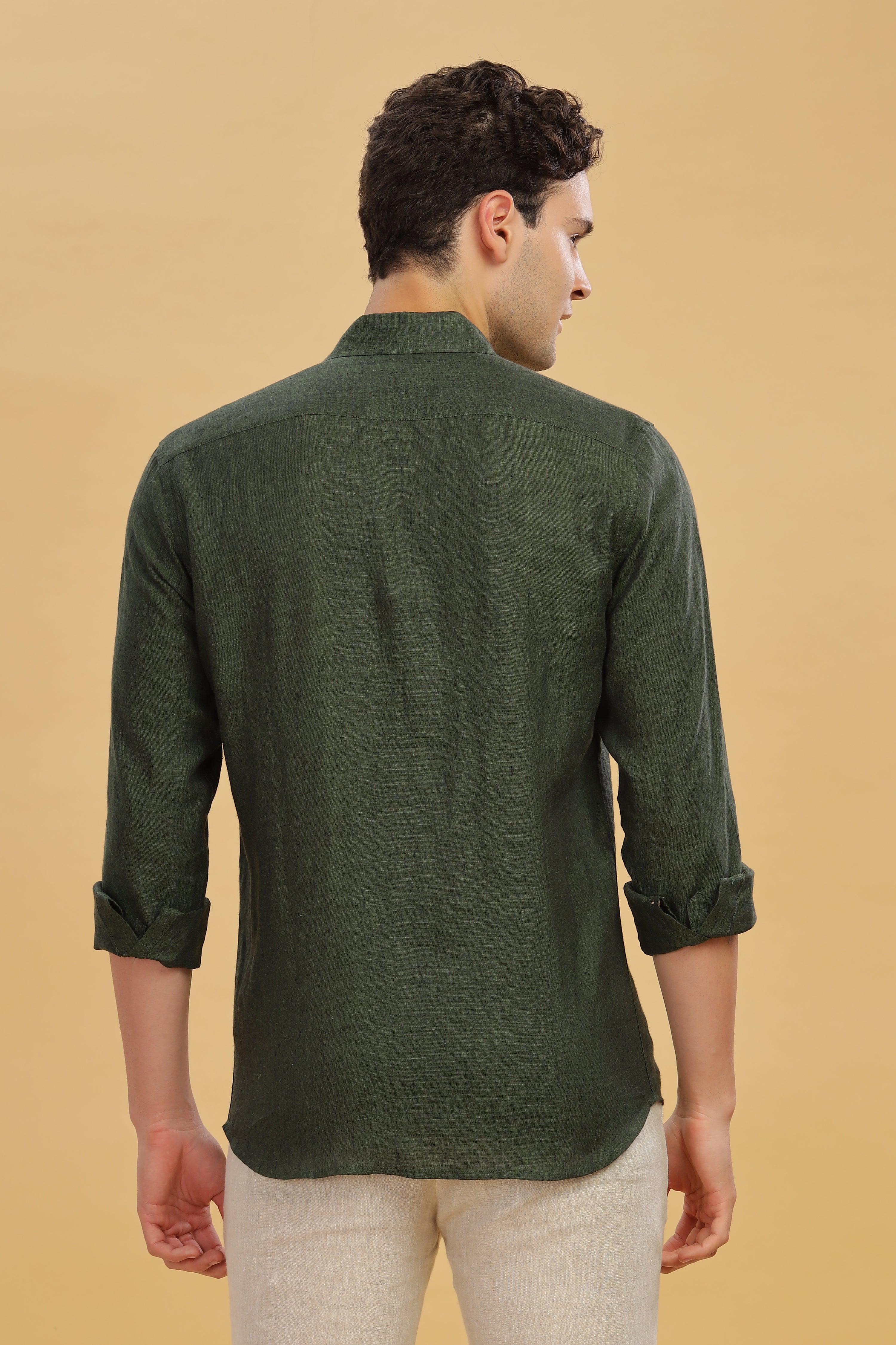 MARK Long Sleeves -100% Pure Linen Regular Collar Dark Green Chambray Shirt