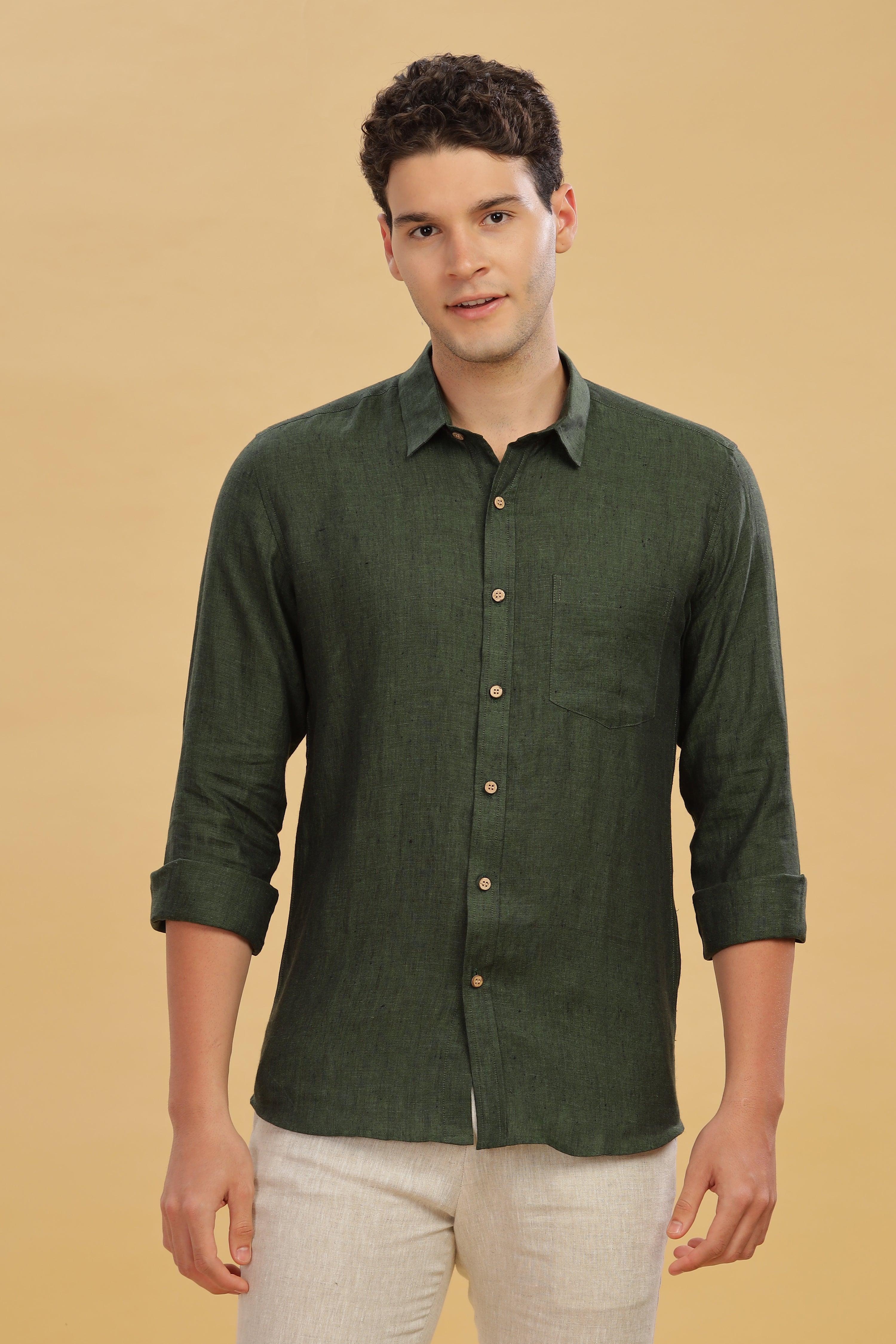 MARK Long Sleeves -100% Pure Linen Regular Collar Dark Green Chambray Shirt