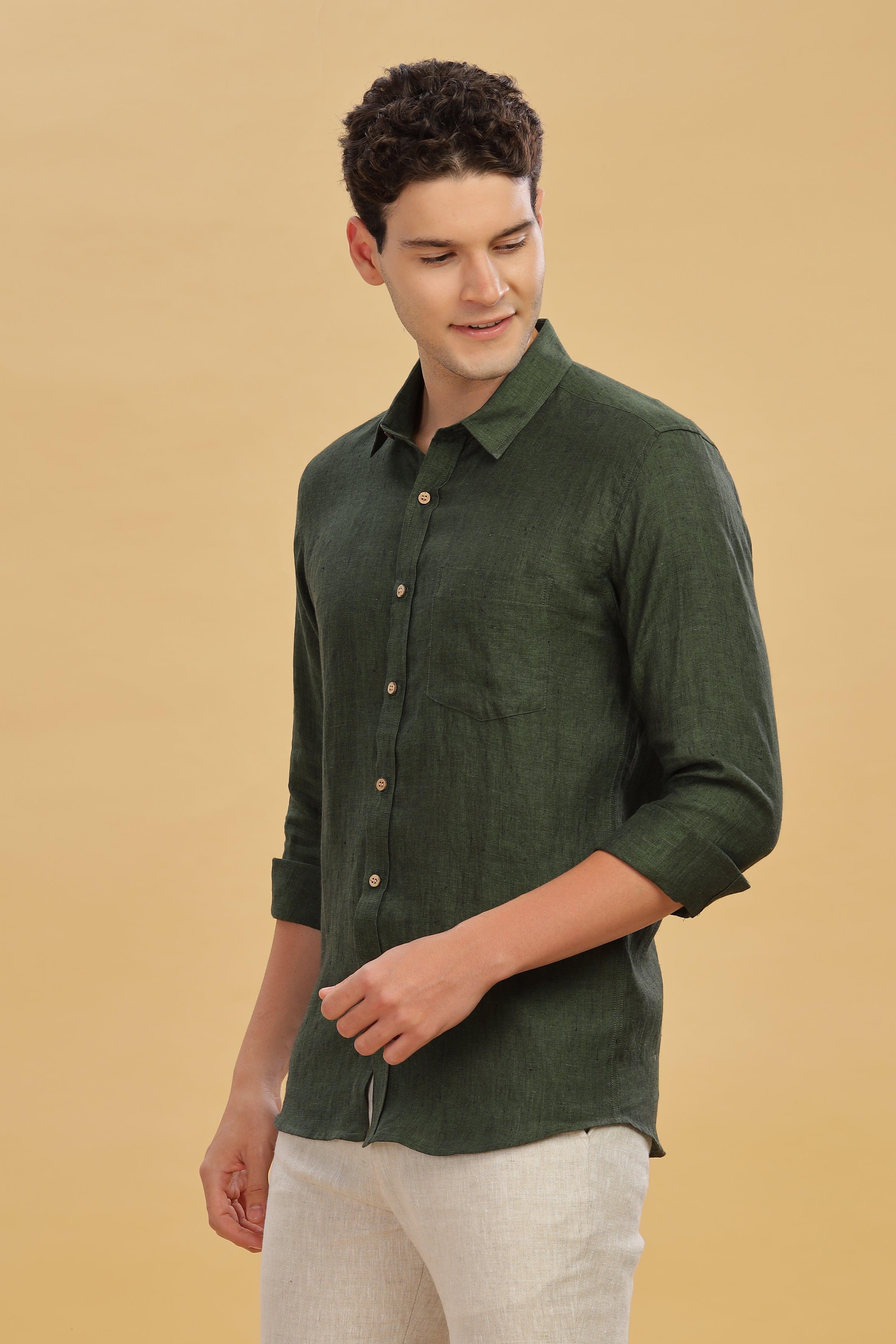 MARK Long Sleeves -100% Pure Linen Regular Collar Dark Green Chambray Shirt