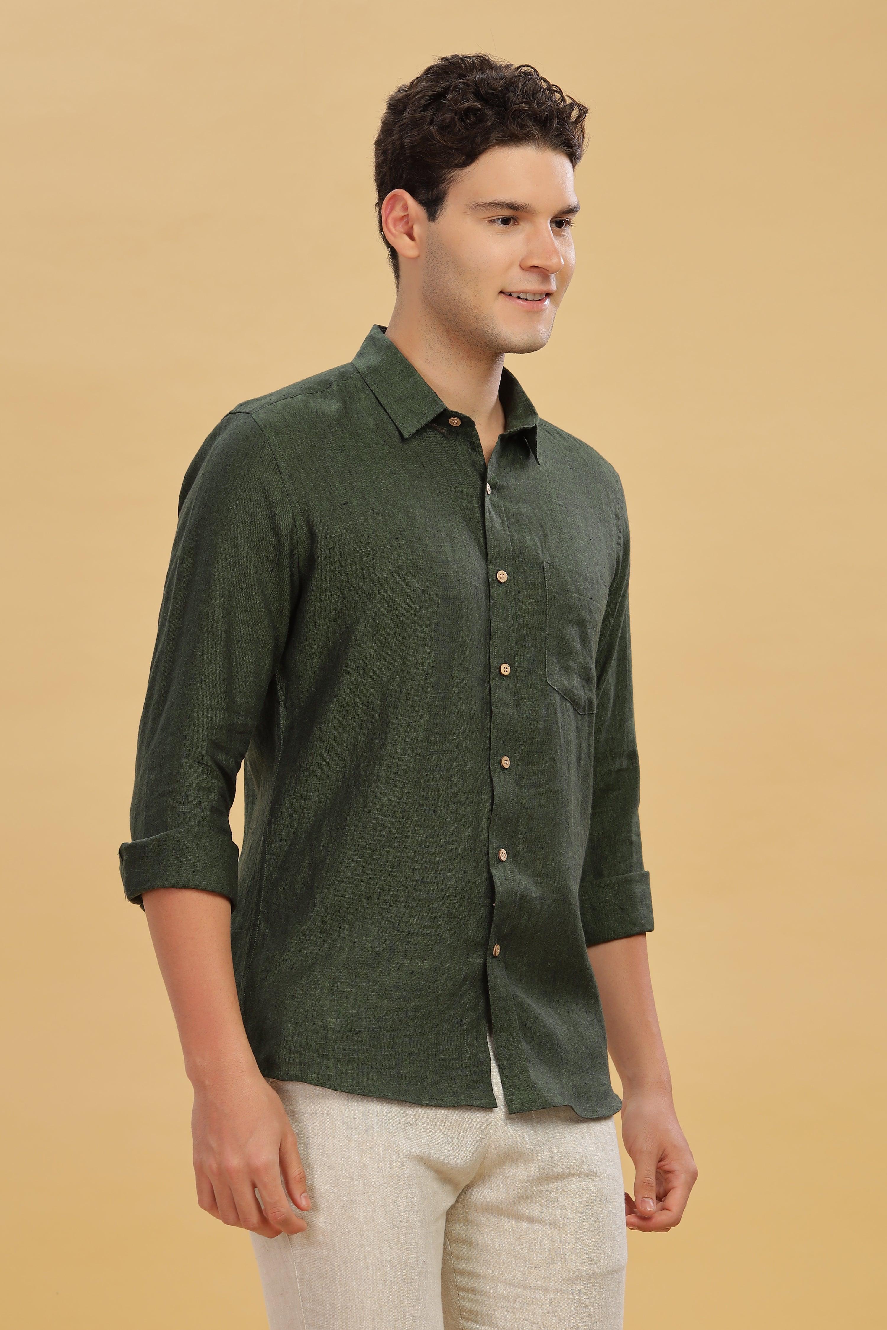 MARK Long Sleeves -100% Pure Linen Regular Collar Dark Green Chambray Shirt