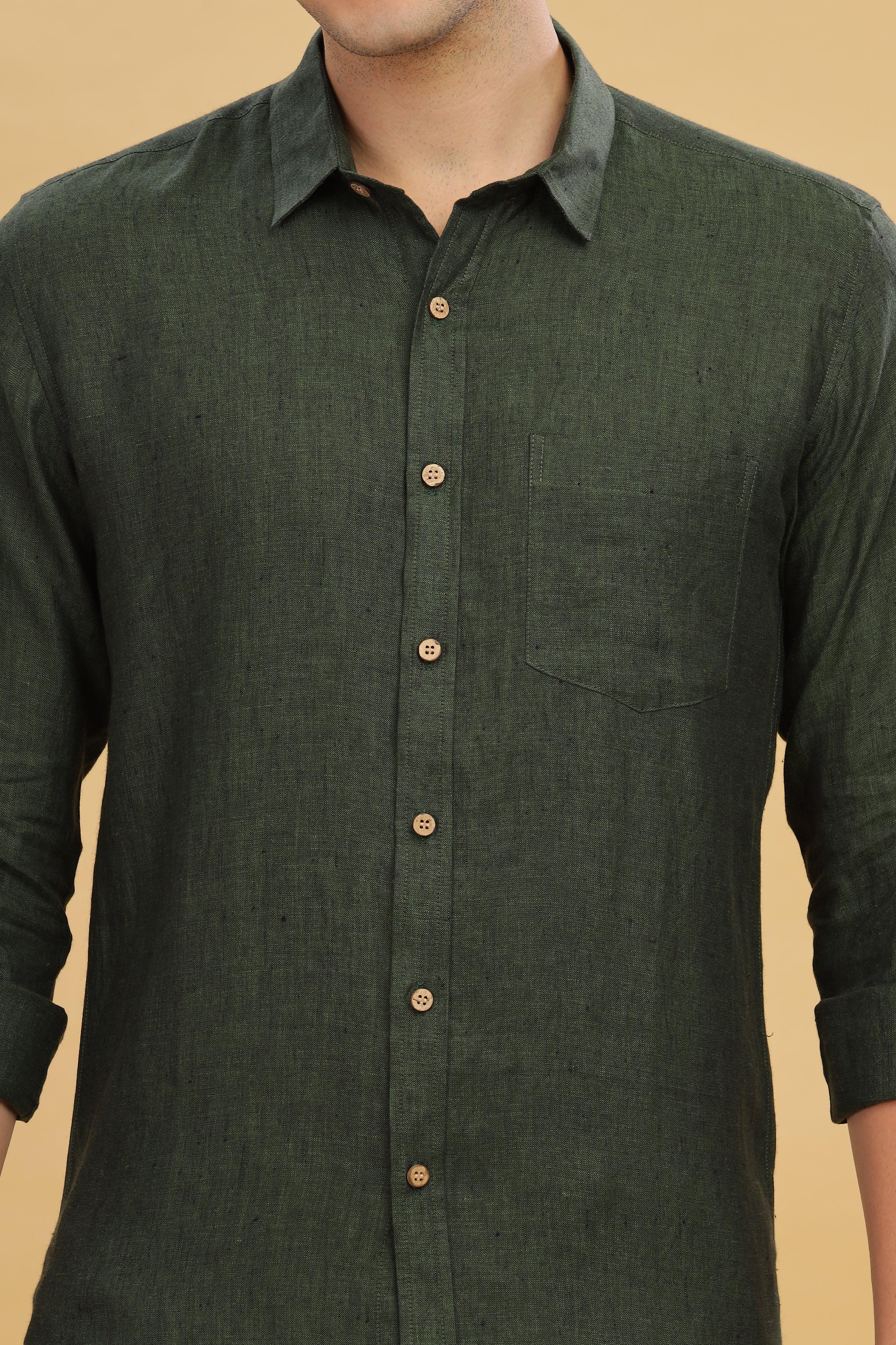 MARK Long Sleeves -100% Pure Linen Regular Collar Dark Green Chambray Shirt